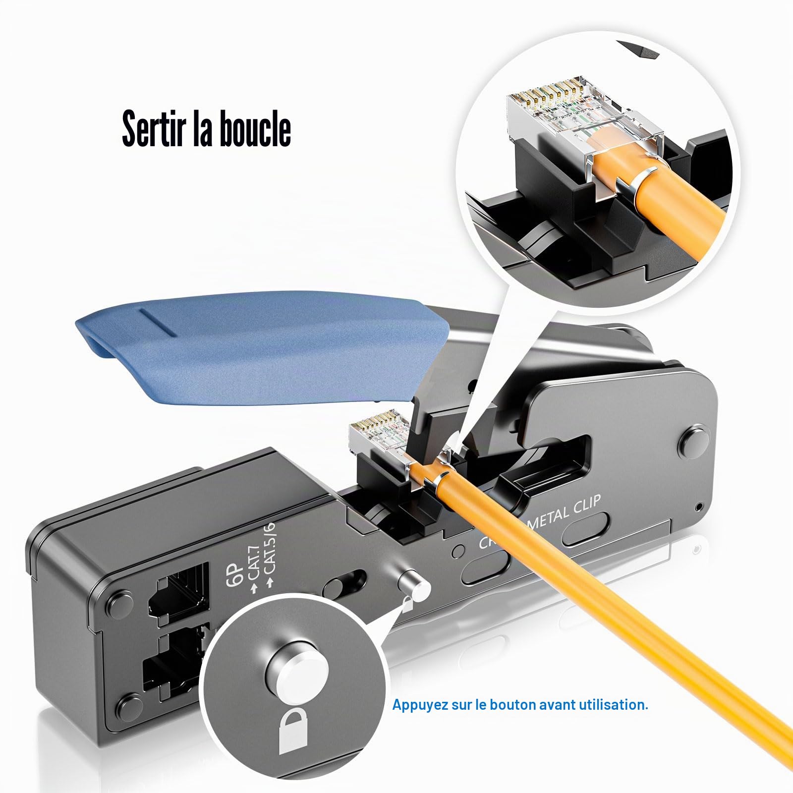 FGB Kit d'outils réseau Pass Through RJ45 Pince à sertir RJ45/RJ11/RJ12 | Pince à sertir RJ45 avec 4 fiches réseau Cat7 sans outil, 10 fiches LAN, 2 clés Keystone Cat7, outils de pose LSA