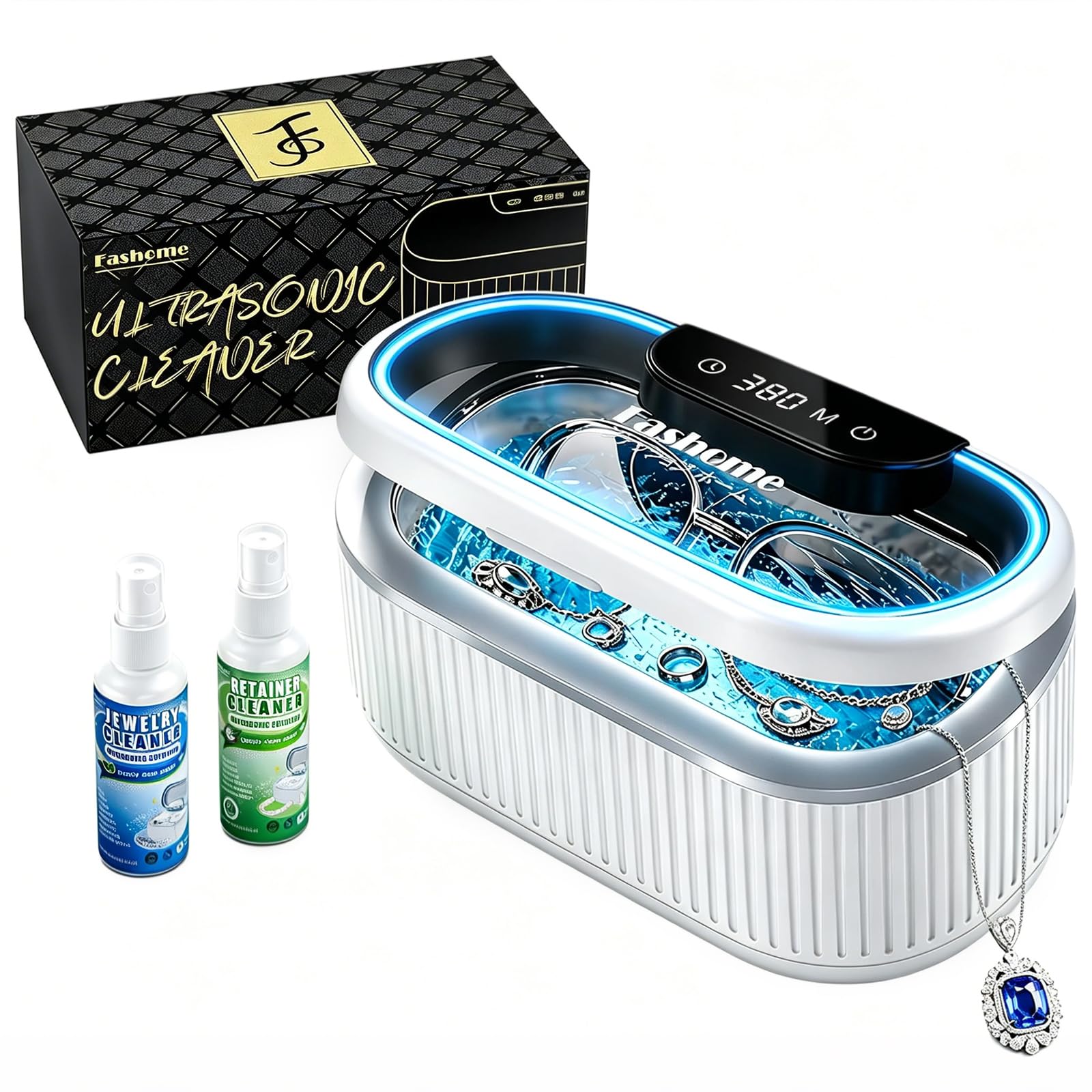 Fashome Ultraschallreinigungsgerät 550 ml mit Reinigungsflüssigkeit, 45 kHz 3 Modi, Entgasung, für Schmuck, Brillen, Uhren & Zahnersatz, Reinigungskorb & Uhrenhalterung – mit Geschenkbox