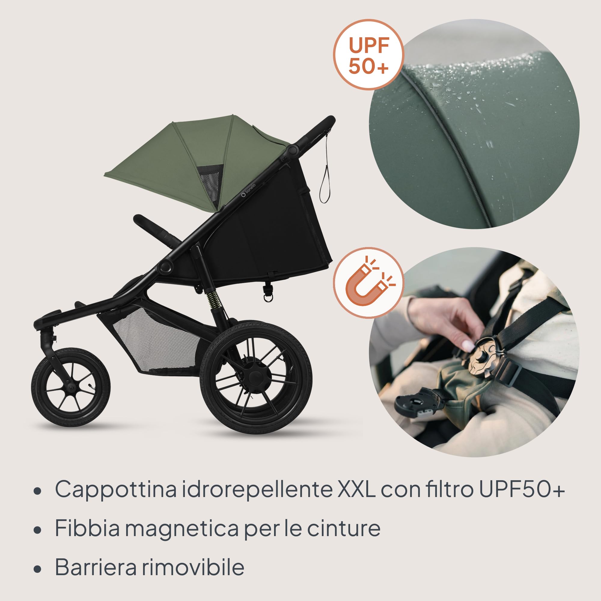 LIONELO AZURA Passeggino compatto da 6 mesi a 22 kg Passeggino a Tre Ruote, Schienale Regolabile Completamente Reclinabile Grandi Ruote Gonfiabili Sospensione Completa Cappottina XXL
