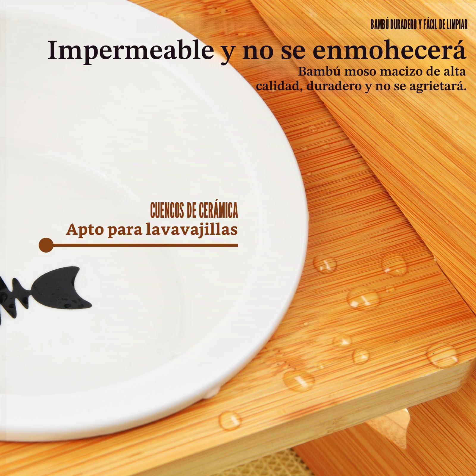 Comedero Gato,Comederos para Gatos Elevado Cuenco de Cerámica Comederos y Bebederos para Gato y Perro , Regulable en altura Con elegante soporte de bambú y Antideslizante Manteles