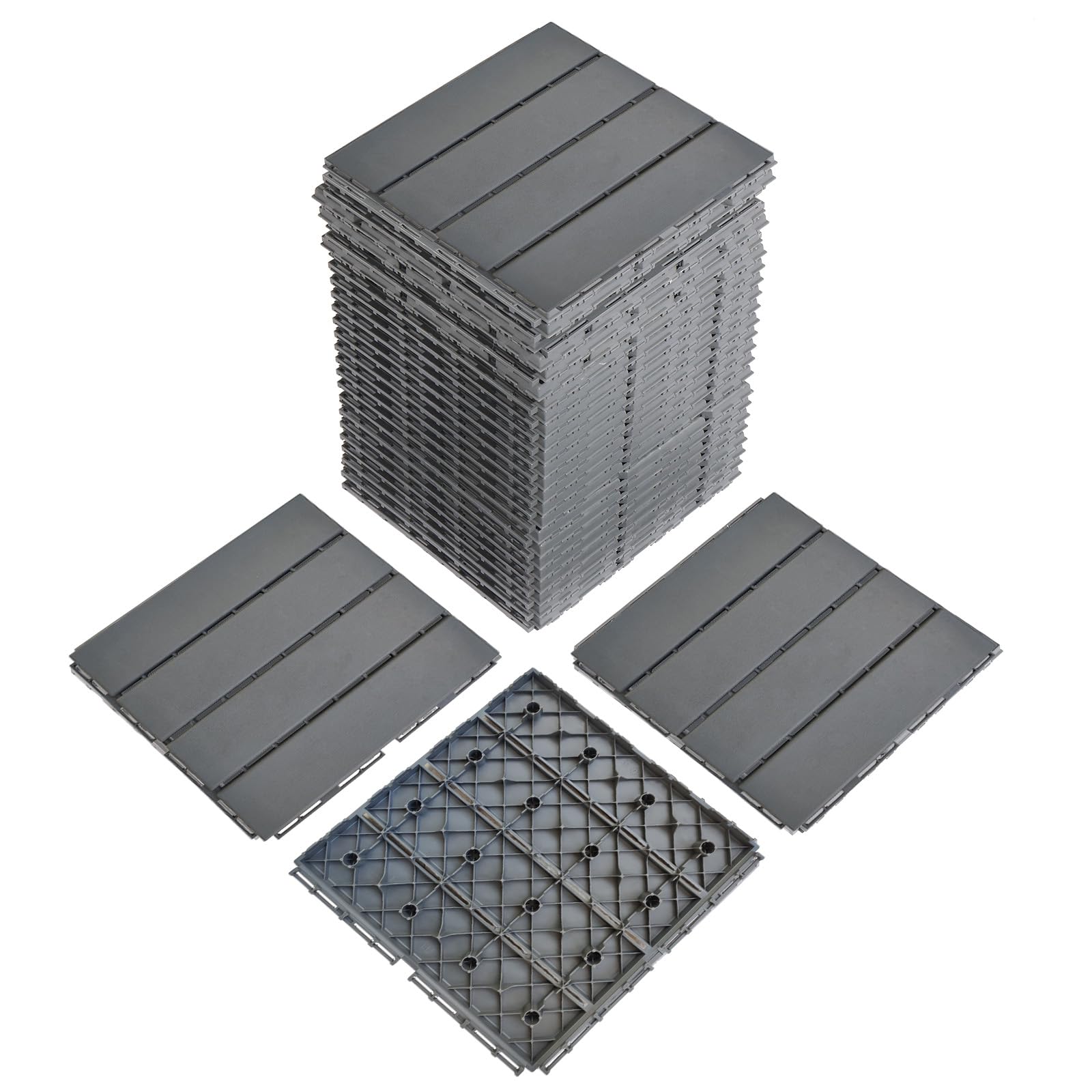 LEADZM WPC Fliesen, Balkon Bodenbelag - 30 x 30 cm 27 Stück / 2,4m² - Wetterfeste Terrassenfliesen mit Klicksystem, Geeignet für Balkon und Garten, Horizontale Streifen - Dunkelgrau