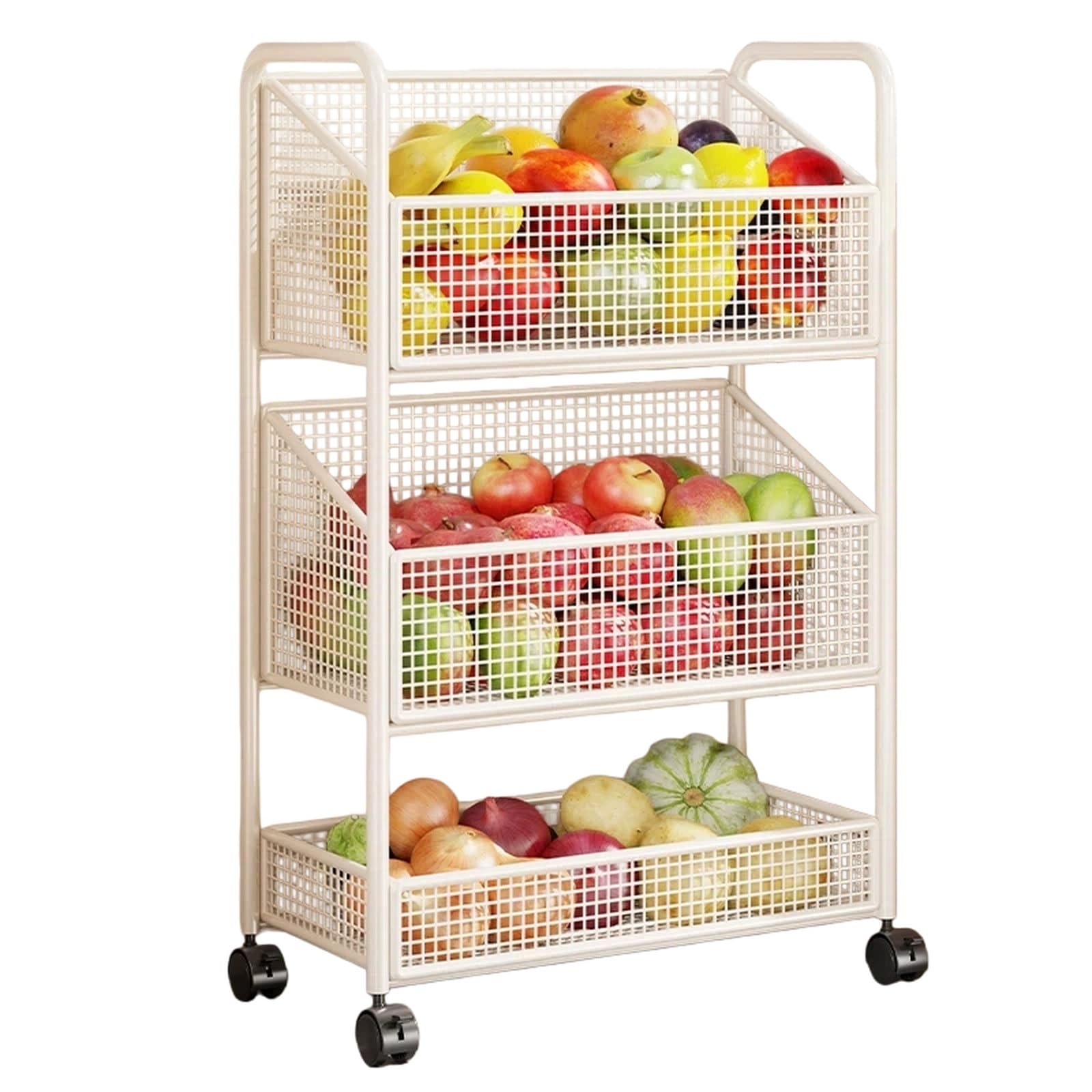 FZL02068LM Kitchen Trolley 3-Tier Rolling Kitchen Cart Movable Vegetable and Fruit Basket Storage Shelf(White)