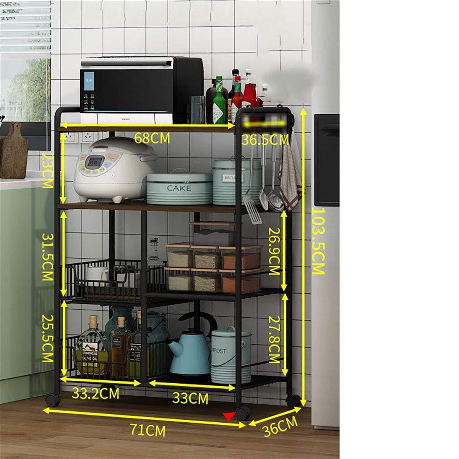 Carrello di Servizio da Cucina per Uso Domestico a 4 Strati per Microonde/Scolapiatti/Scolapiatti/Carrello portaoggetti (Nero, 103,5 * 36 * 71 cm)