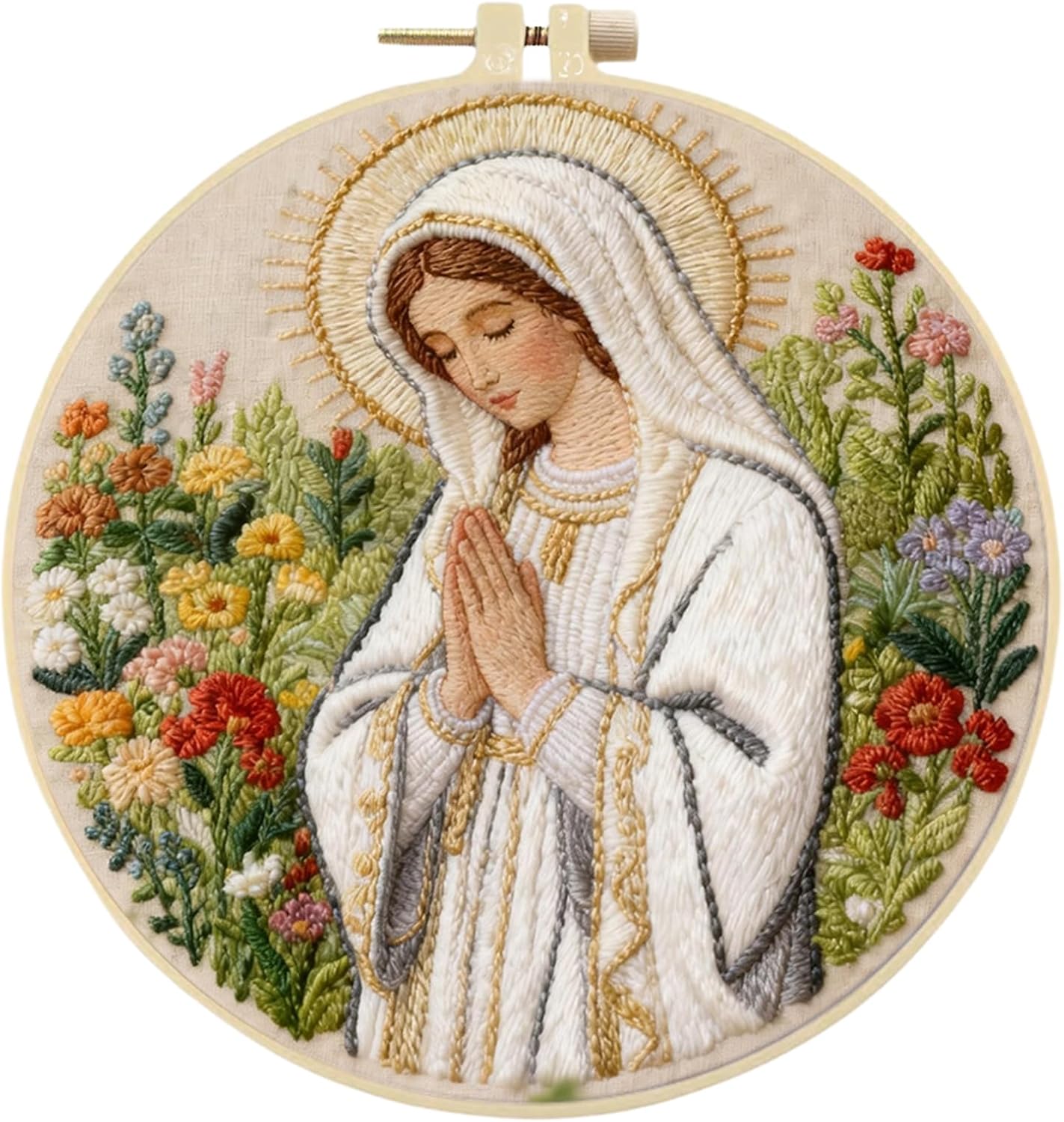 Virgin Mary Embroidery Starter Kit for Beginners, Stamped DIY Our Lady and Flowers Needlecraft Kit Includes 7.8" Hoop, Color Threads, Tools & Instruction, Arts Crafts for Home Decor, Gifts