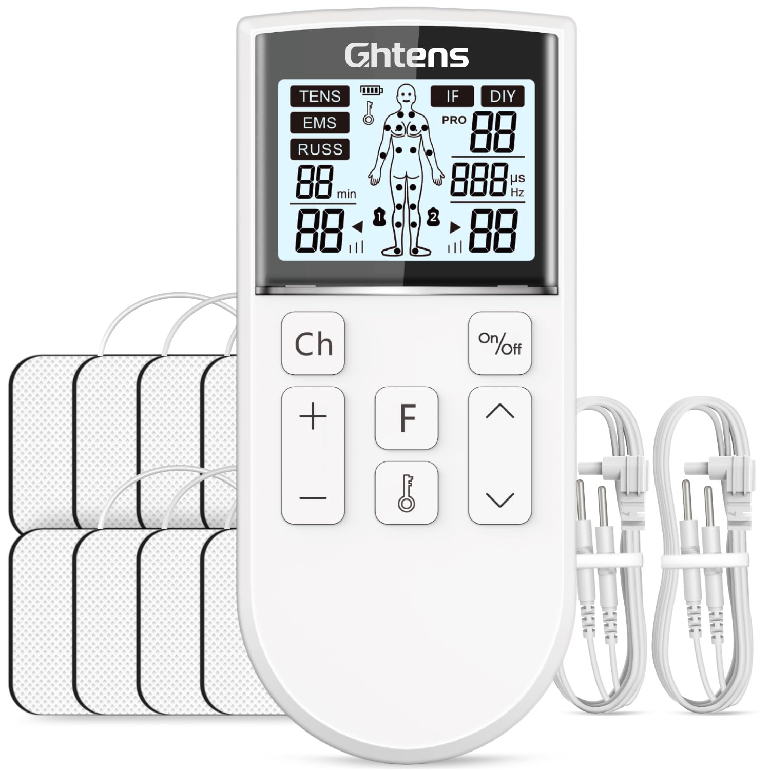 GHTENS TENS EMS Device Pain Therapy, 5-in-1 Stimulation Current Device ⟮TENS/EMS/IF/RUSS/DIY⟯ for Pain Relief by Electrical Nerve Stimulation, with 80 Massage Programs, 2 Channels and 8 Electrode Pads
