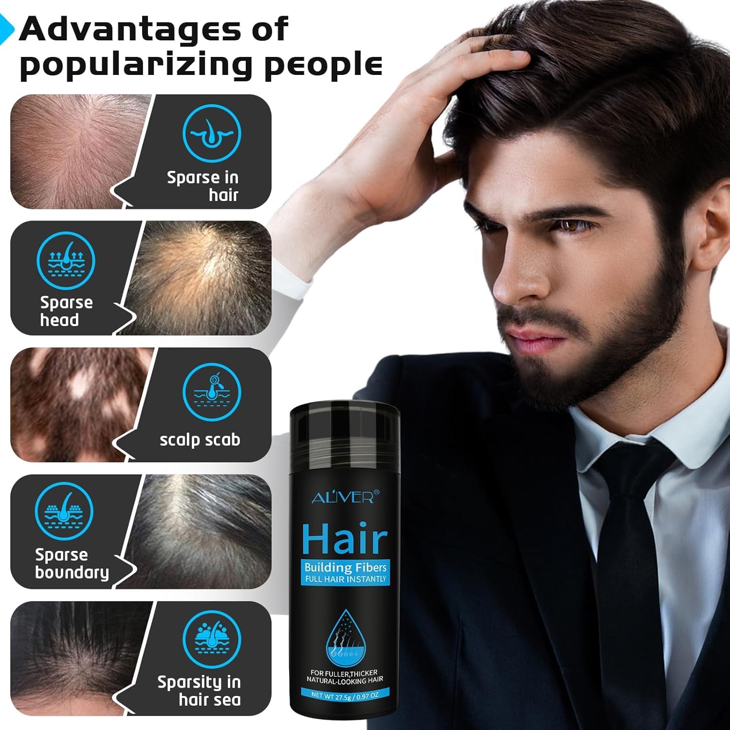 Fibre Capillaire Noir, Fibres Capillaires avec Applicateur en Spray - Densificateur de cheveux Hair Loss Concealer Professionnelle Poudre Spray pour Augmente le Volume (Noir)
