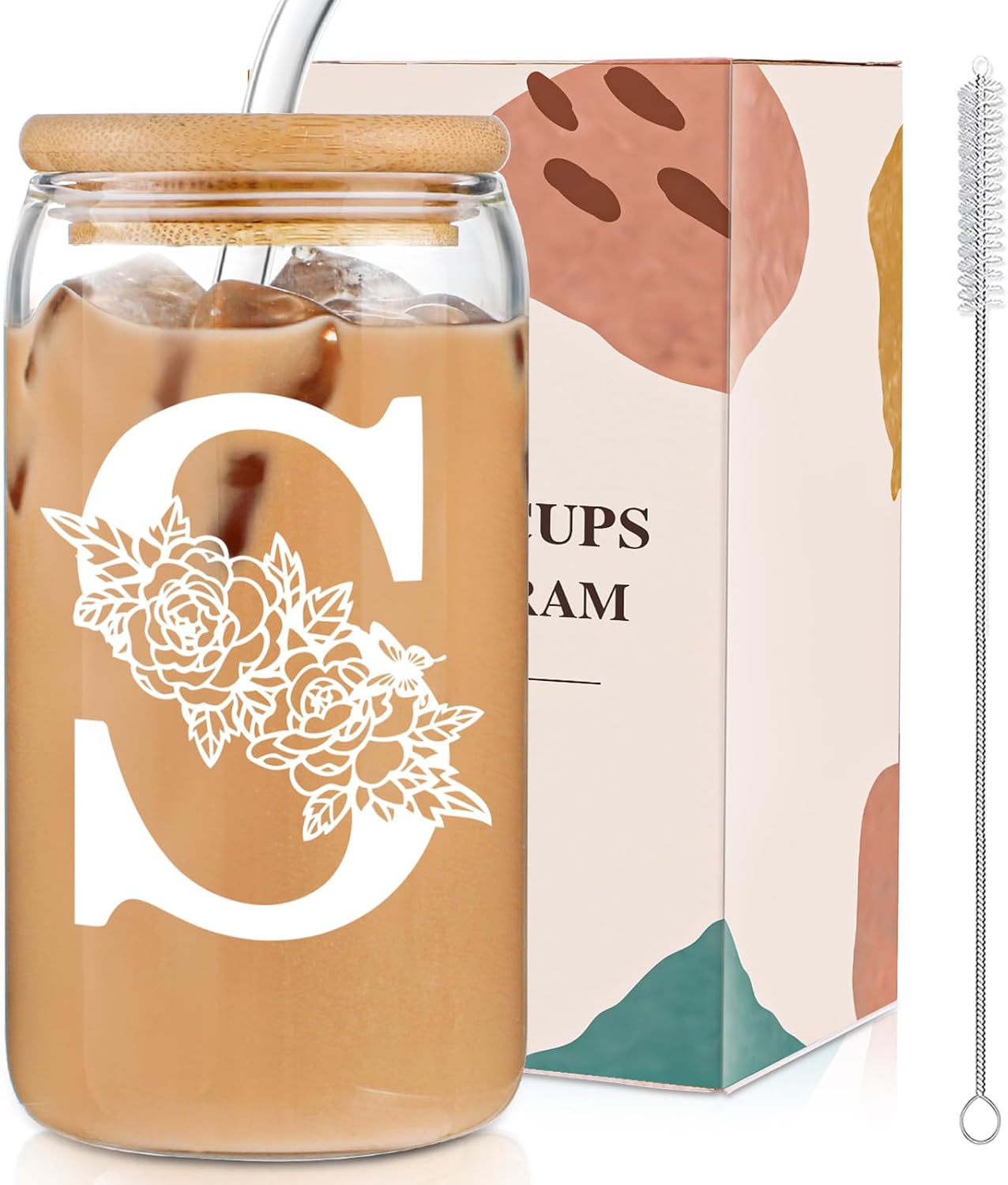 Christmas Gifts for Women: Initial Glass Cup as Office Graduation Memorial Holiday Personalized Gifts - for Mom Grandma Wife Girlfriend Sister Daughter Friend Christmas Gifts - S Aesthetic Cup