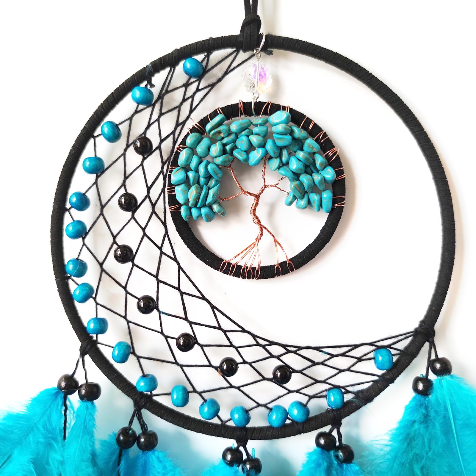 Donko Blue Dream Catcher Wall Decor Crystal Tree of Life Dream Catchers Handmade Feather Dreamcatcher Wall Hanging Ornament for Bedroom Living Room Home Decor - Image 3