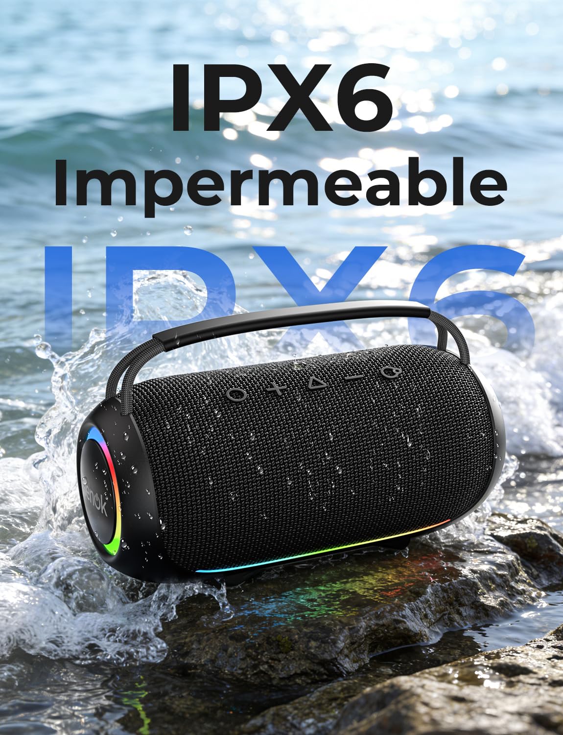 RIENOK Altavoz Bluetooth Potente 80W Portátil 30H Impermeable IPX6 con Luces RGB Bluetooth 5.3 Inalámbrica Emparejamiento Estéreo Apoya 128G Tarjeta TF, AUX, Memoria USB