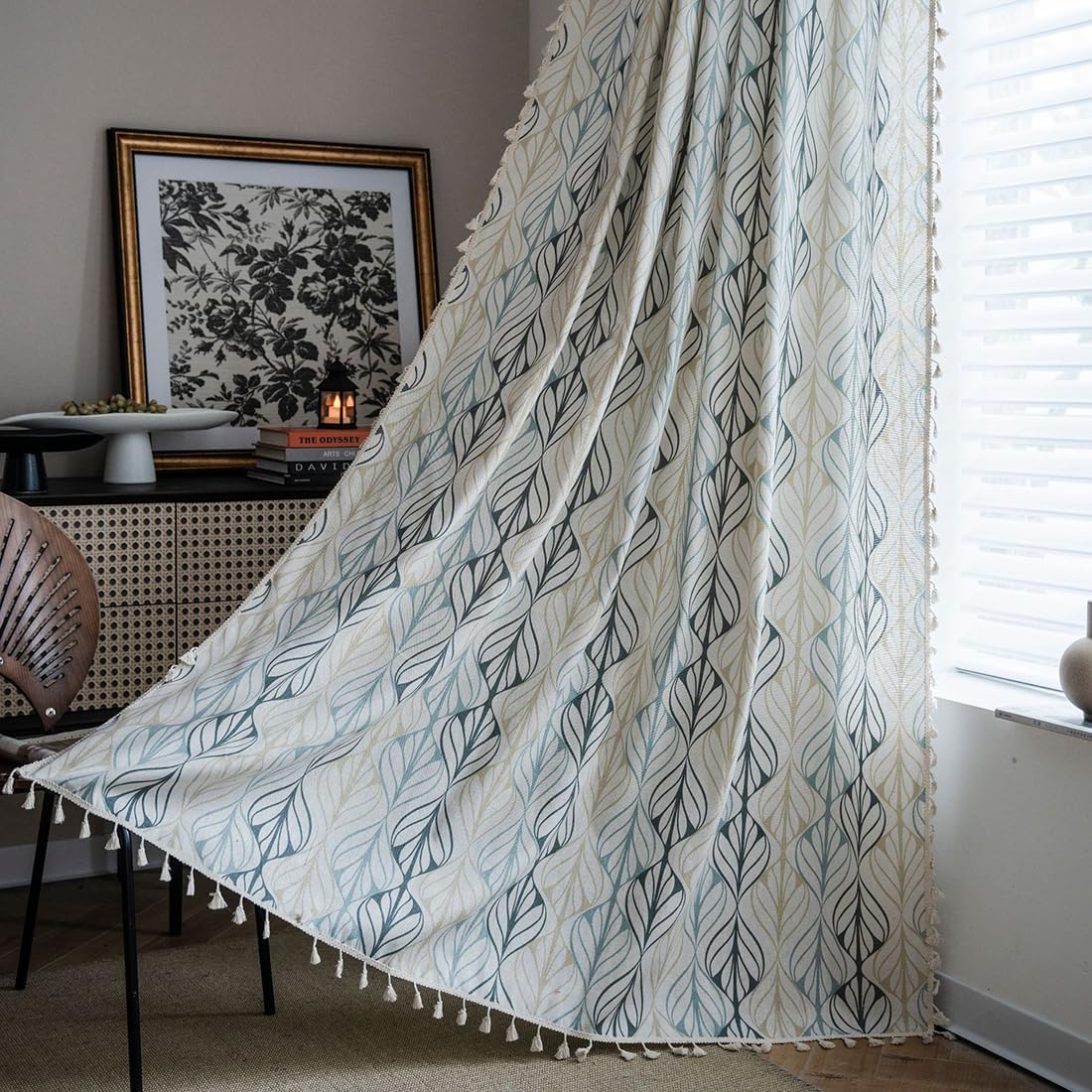vctops Farmhouse Window Curtain with Tassels, Rustic Leaves Printed Cotton Linen Curtains Rod Pocket Semi Blackout Privacy Window Curtain Panel for Bedroom Living Room Home Decor - 59"x63"
