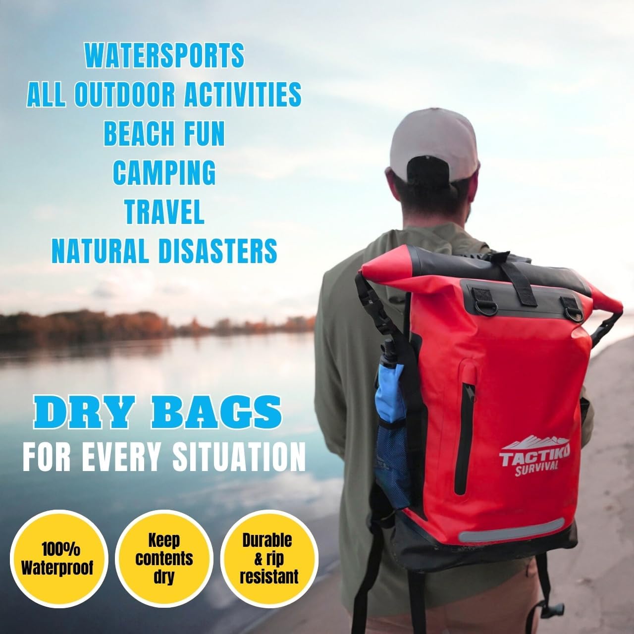TACTIKO 30L Heavy-Duty 100% Waterproof Backpack, Roll Top Dry Bags for Kayaking, Hiking, Camping, Survival