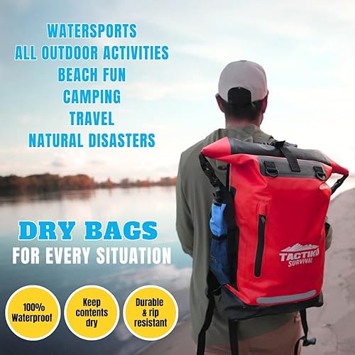 Vista 3 de TACTIKO Mochila resistente 100% impermeable, bolsas secas enrollables para kayak, senderismo, campamento, supervivencia Rojo
