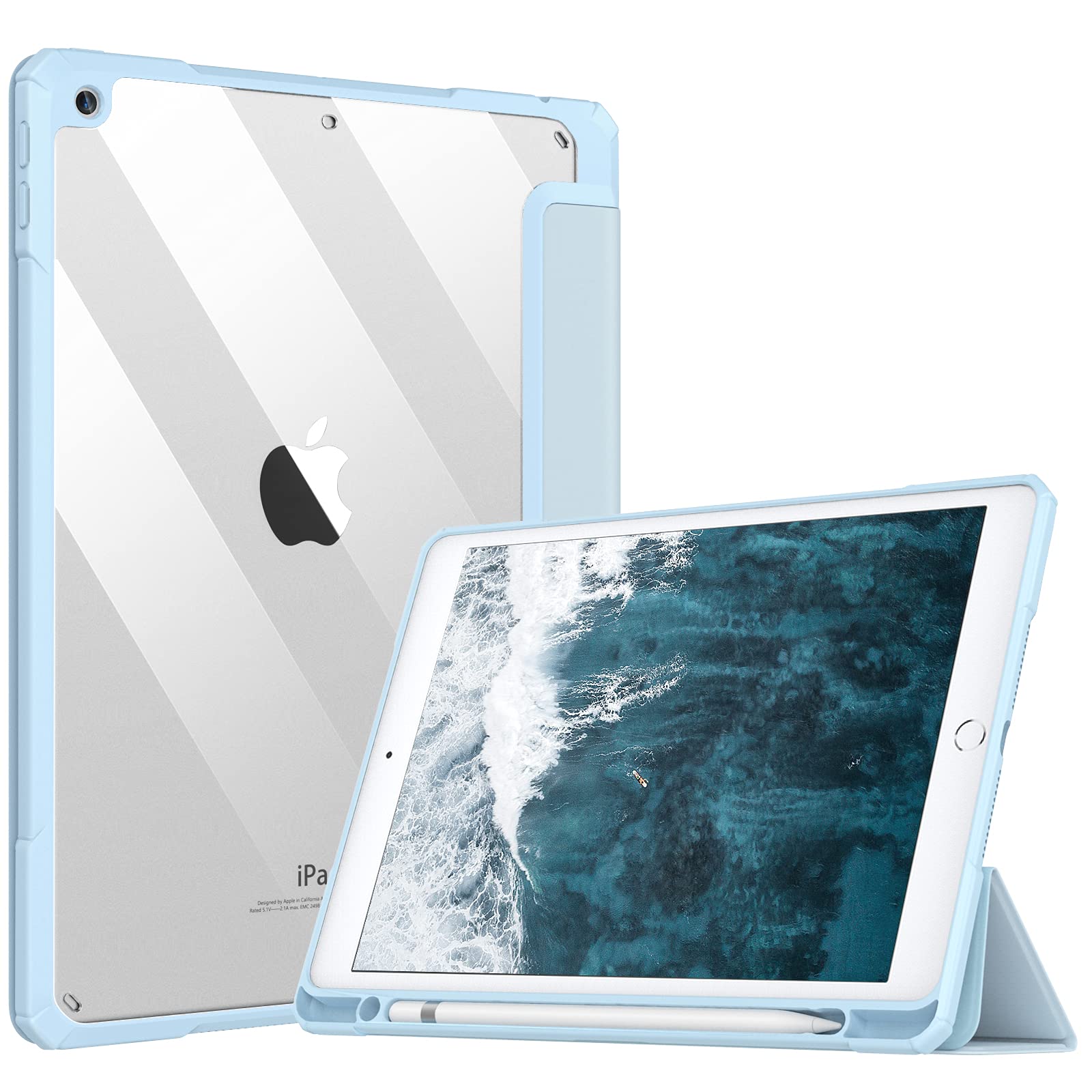 TiMOVO Case for iPad 9th Generation 2021/iPad 8th Generation 2020/iPad 7th Generation 2019 10.2 inch with Pencil Holder, Slim Protective Cover with Clear Back Shell, Auto Wake/Sleep, Sky Blue