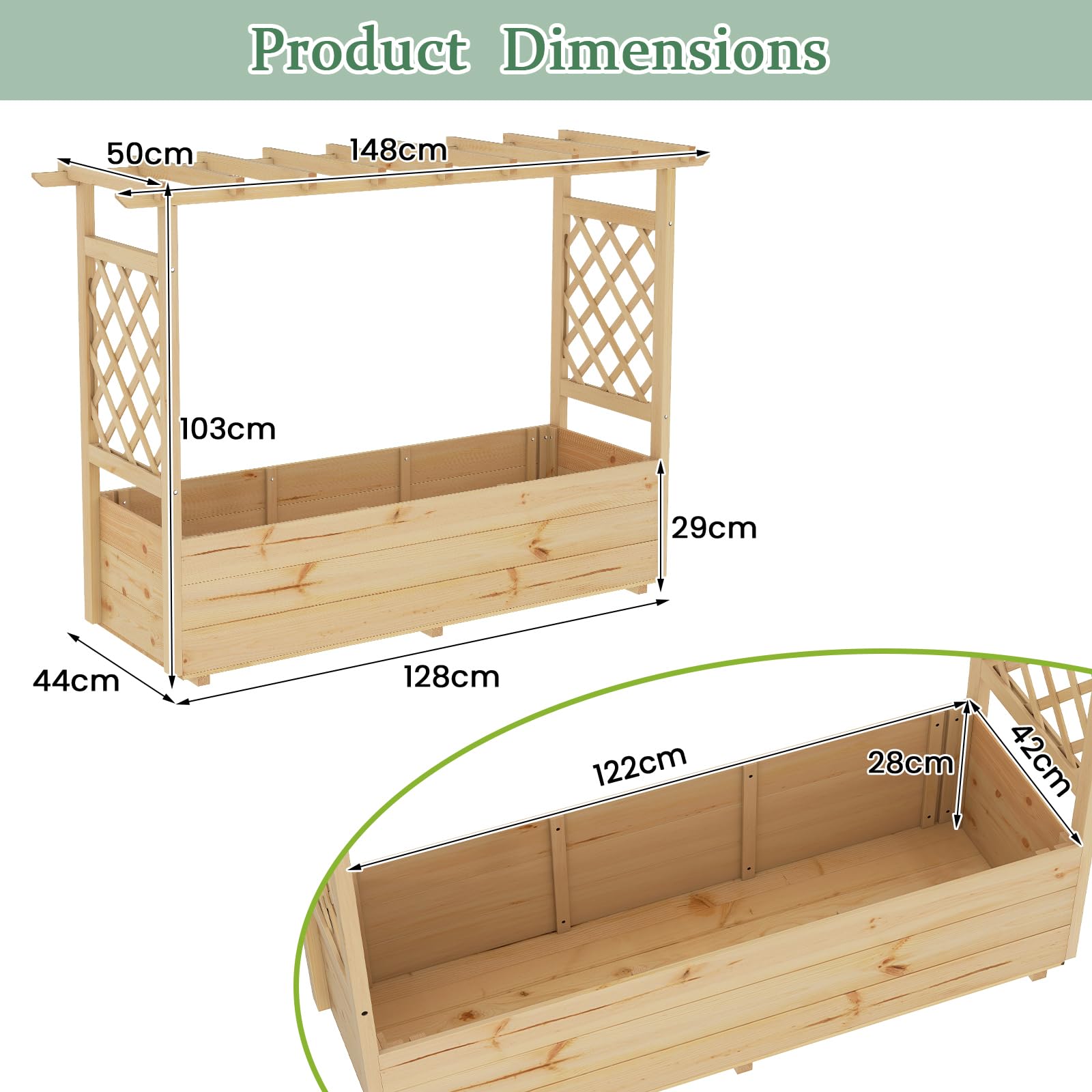 HOMASIS Jardinière Surélevée avec Treillis & Etagère de Toit, Lit de Jardin en Bois avec Trous de Drainage, Bac à Fleurs pour Plantes Grimpantes, Légumes, Fleurs, Herbes pour Extérieur (Grand)