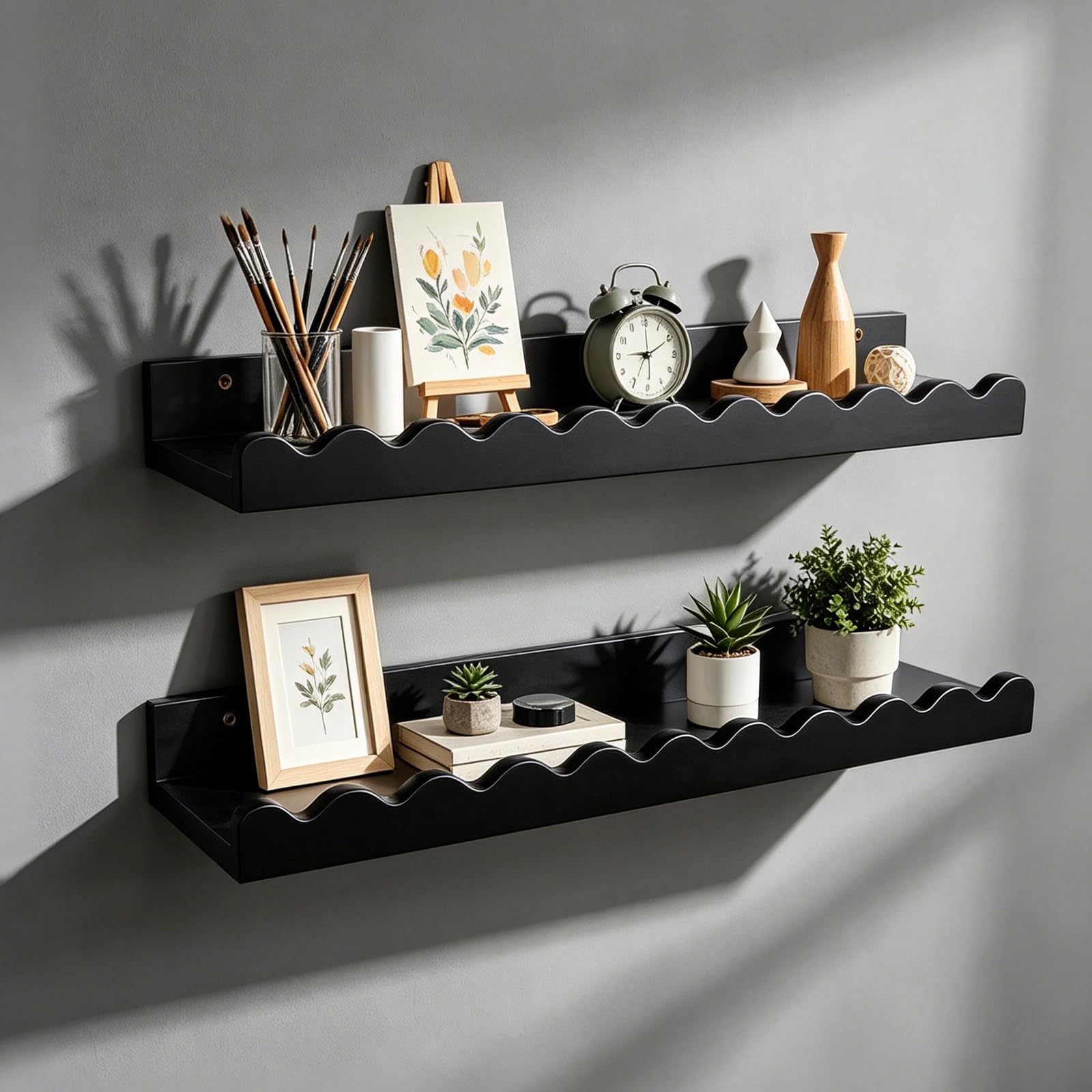 Yilnlg Floating Shelves for Wall Set of 2, 40cm Wooden Wall Mounted Shelves Modern Decorative Display, Black Floating Wall Shelf for Home Organization and Wall Decor