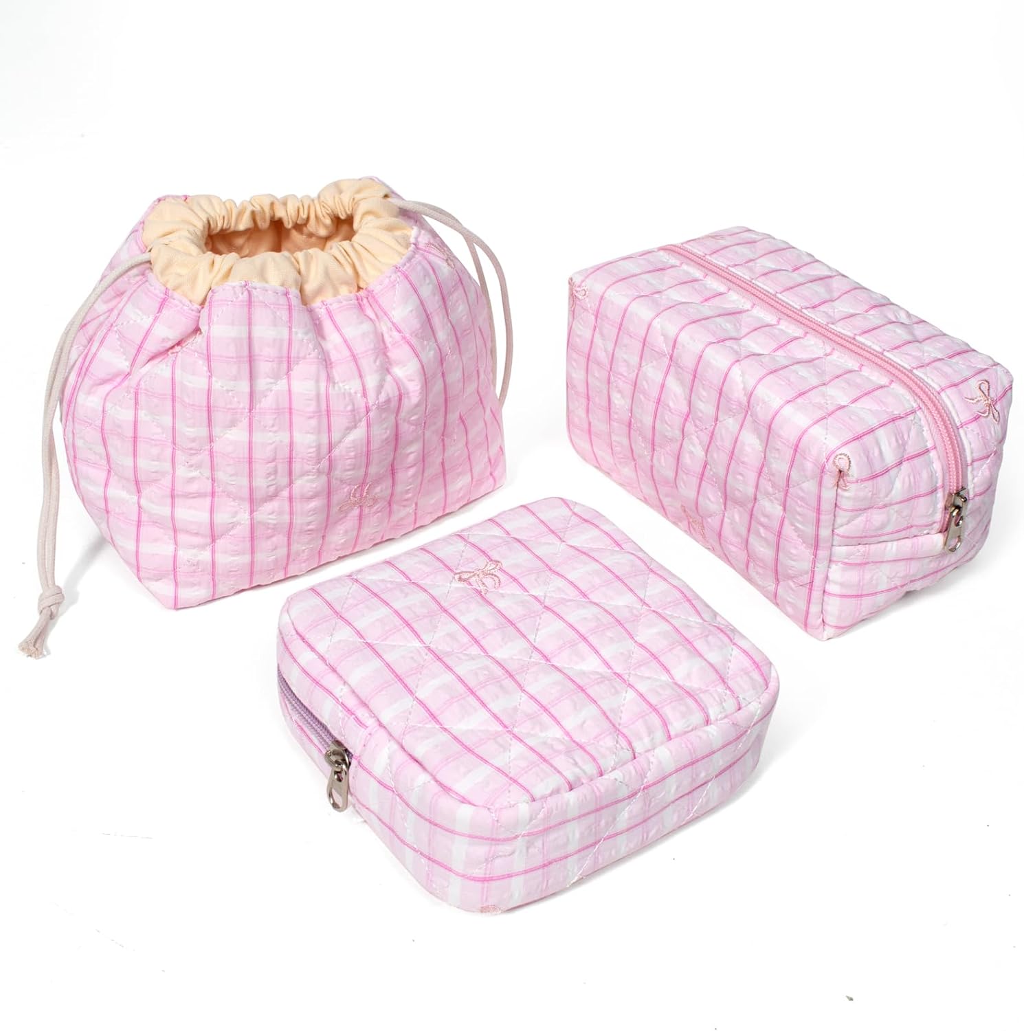 LETGO Cotton Quilted Drawstring Makeup Bag Set,3 Pcs Quilted Makeup Bag Set,Coquette Aesthetic Cute Travel Toiletry Bag,Drawstring Gift Bag Purse Pouch for Women and Girls. (3Pack-Pink Checkered)