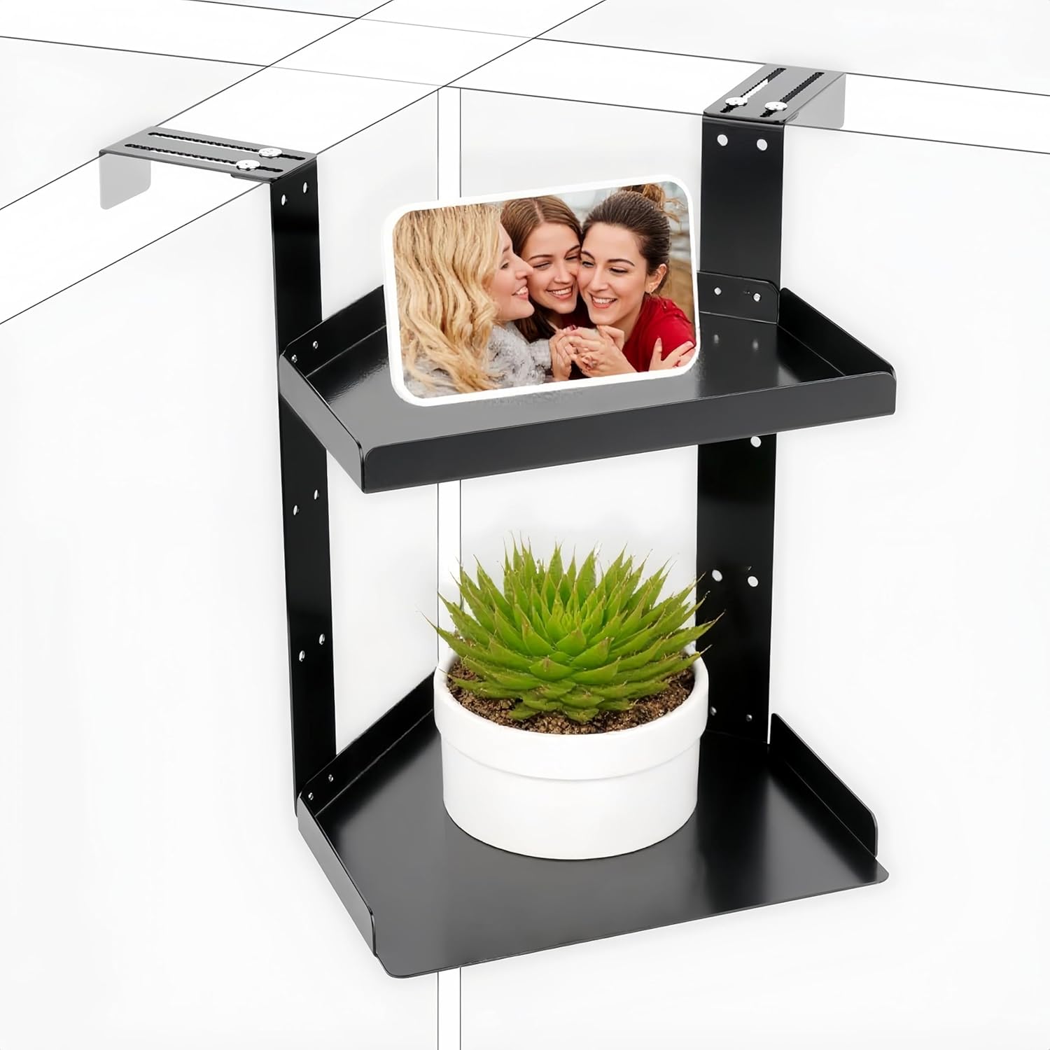 Office Cubicle Shelf Storage Organizer Accessories Height Adjustable Cubicle Corner Shelf with Hooks (Black, Double Layer)