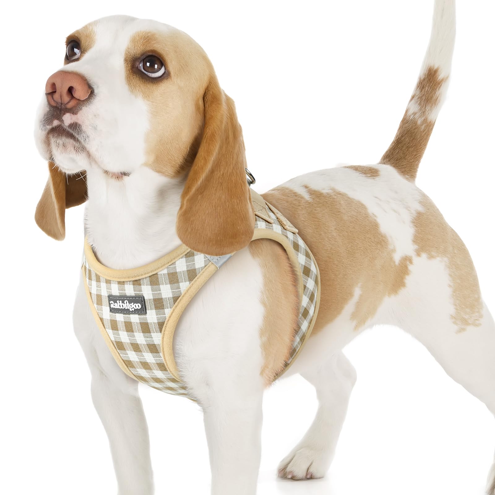 rabbitgoo Dog Harness Small Dog, Step-in Soft Mesh Puppy Harness with Reflective Strips, Lightweight Breathable Pet Vest for Walking Training, Beige Plaid, M