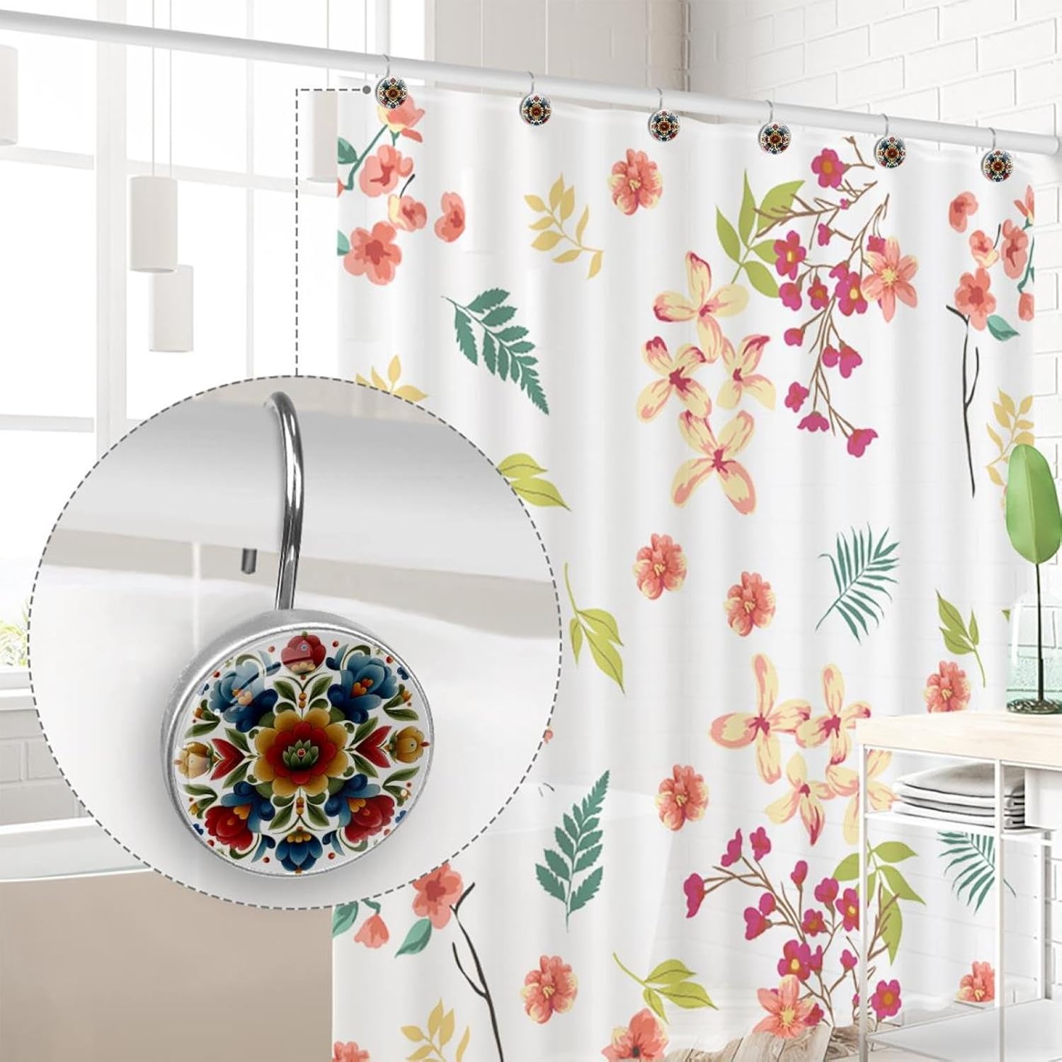 Norwegian Rosemaling Folk Style Flower (31) Shower Curtain Hooks Rings, rustproof Stainless Steel for Bathroom Shower Rod, 12 Pack