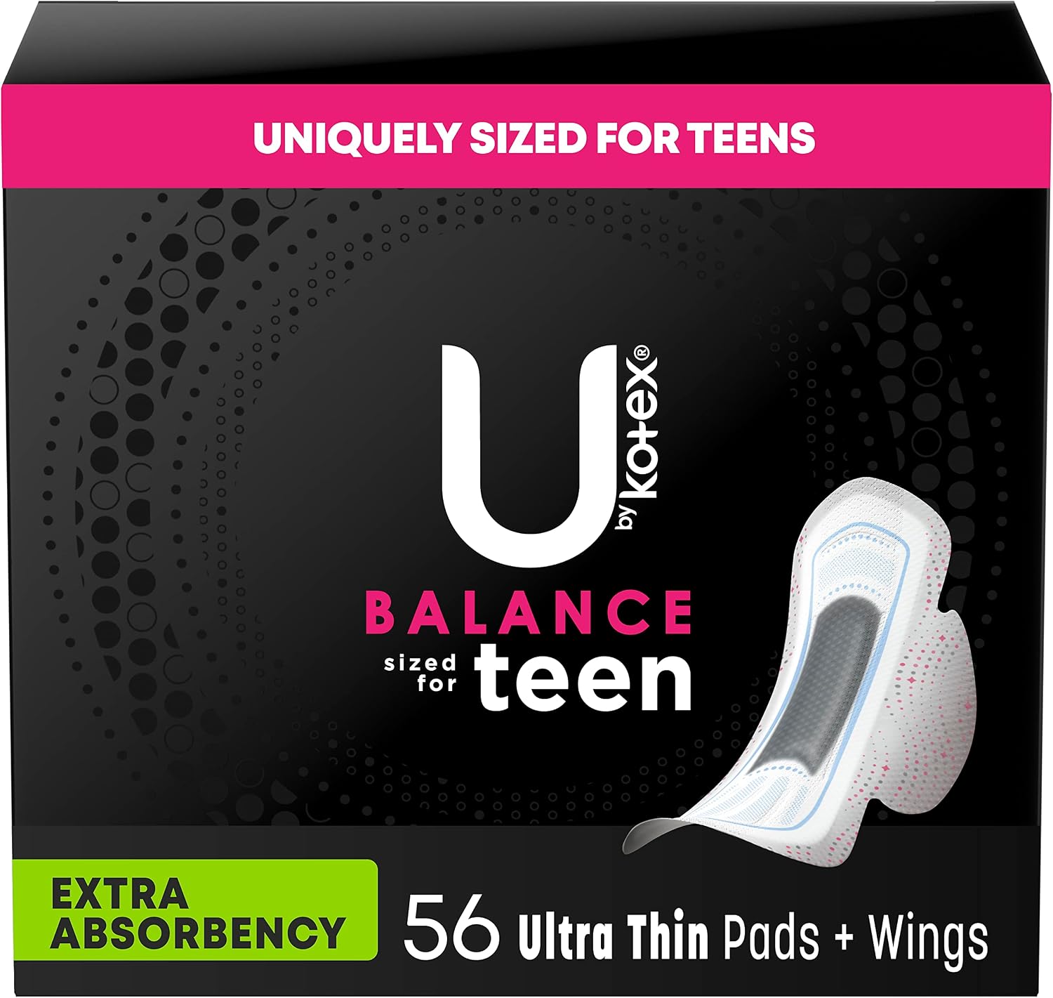 U by Kotex Balance Sized for Teens Ultra Thin Pads with Wings, Extra Absorbency, 56 Count (4 Packs of 14)