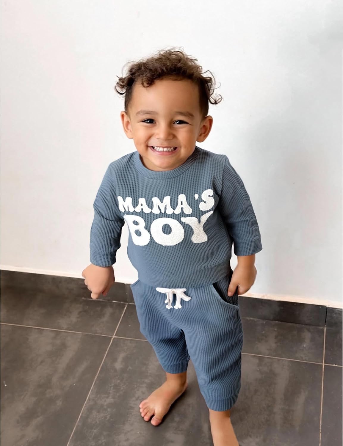 Toddler Baby Boy Fall Winter Clothes Mama's Boy Outfits Letter Waffle Knitted Sweatshirt Tops and Casual Pants Set - Image 5