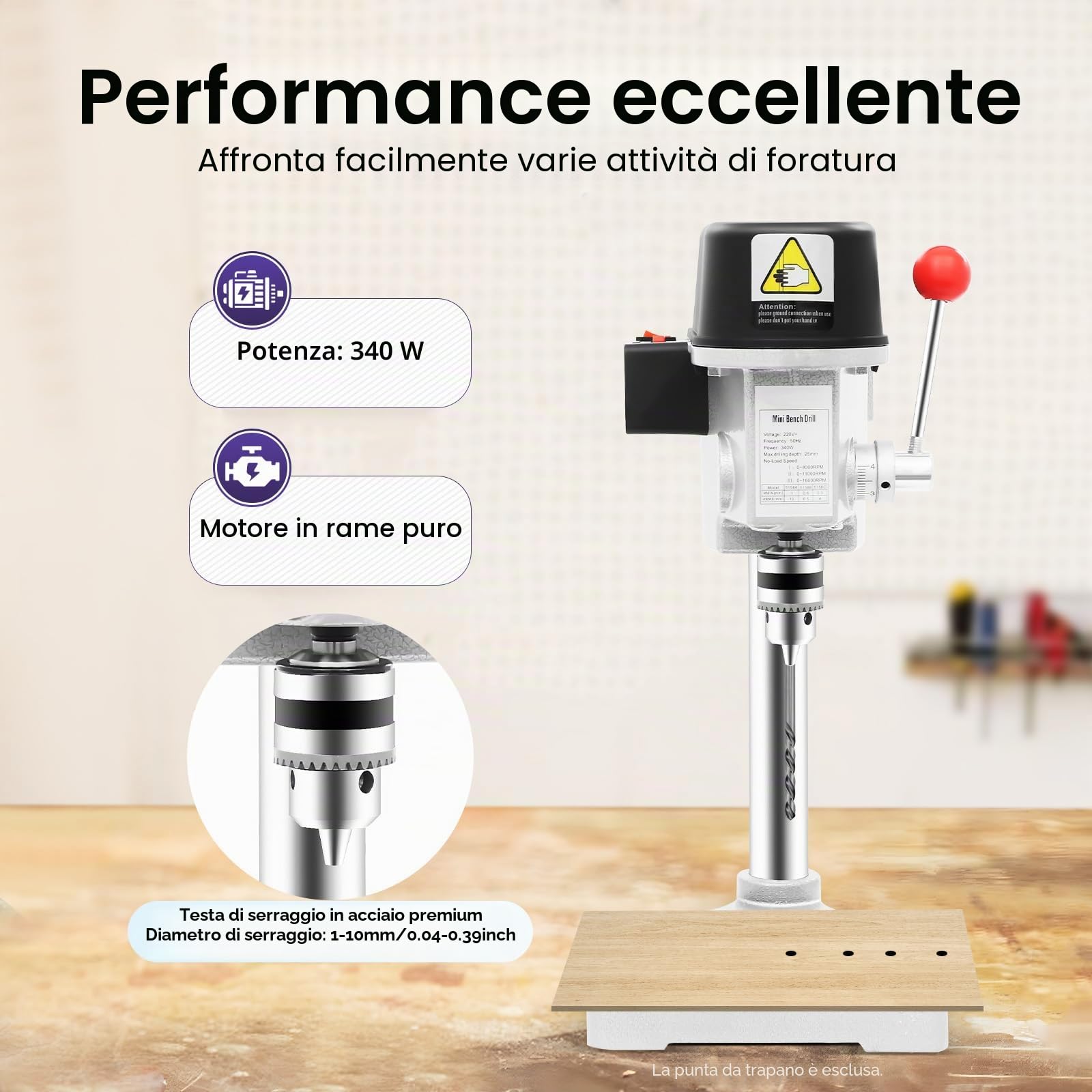 Trapano da tavolo, 340 W, trapano a colonna professionale, 3 velocità, trapano a supporto per legno, metallo, plastica, 17 x 17 x 38 cm