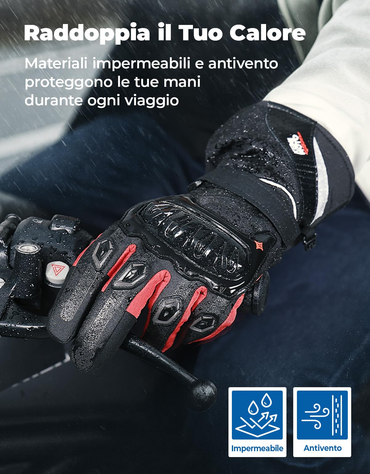 KEMIMOTO Guanti Moto Invernali, Guanti da Moto Termici Uomo Donna con Touch Screen e Impermeabile Protezione, Adatti da 0°C a 5°C, Ideali per Motociclismo a Ciclismo
