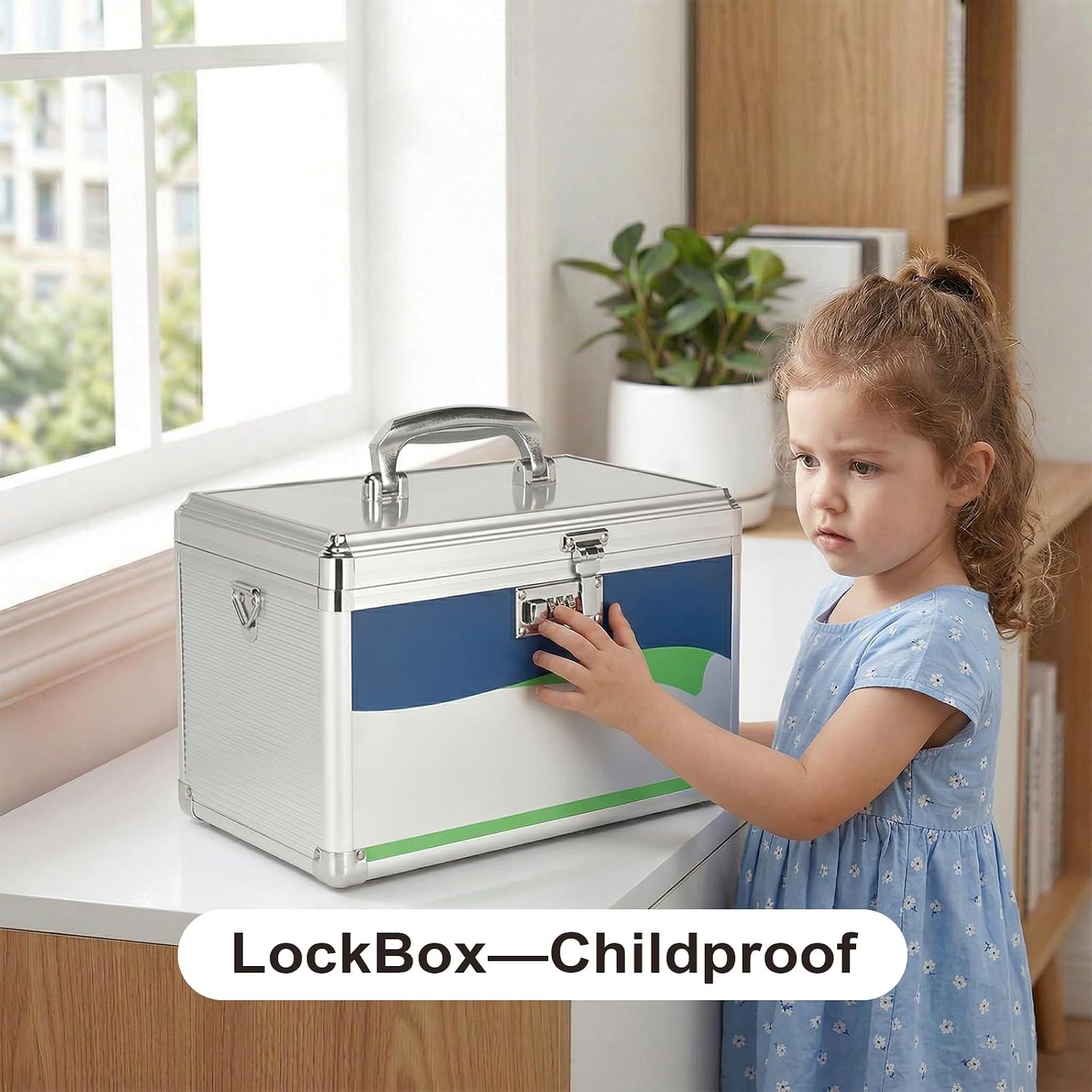 Medicine Lock Box with Combination Lock - 10" Hard Case First Aid Safe Medication Storage with Removable Tray & Pockets for Pills, Home, Car & Outdoor - Blue [No Strap]