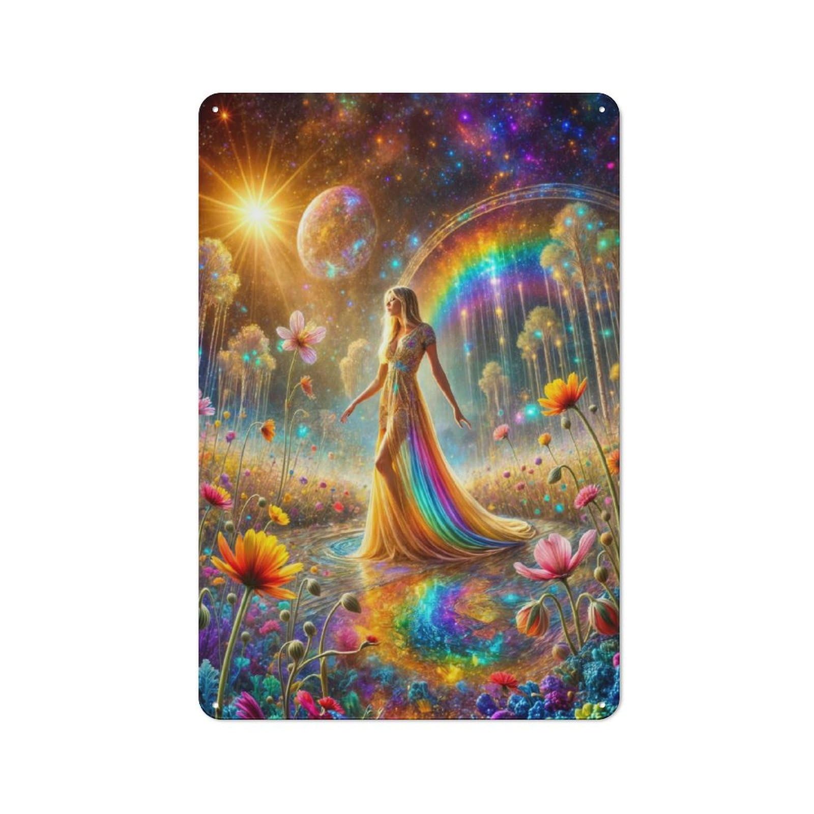 Junmoney Style-19 Vintage Metal Plaque 30X20cm Featuring Rainbow Cosmic Garden For Home Bar Wall, A Metal Wall Feature For Home Bars And Entertaining Spaces