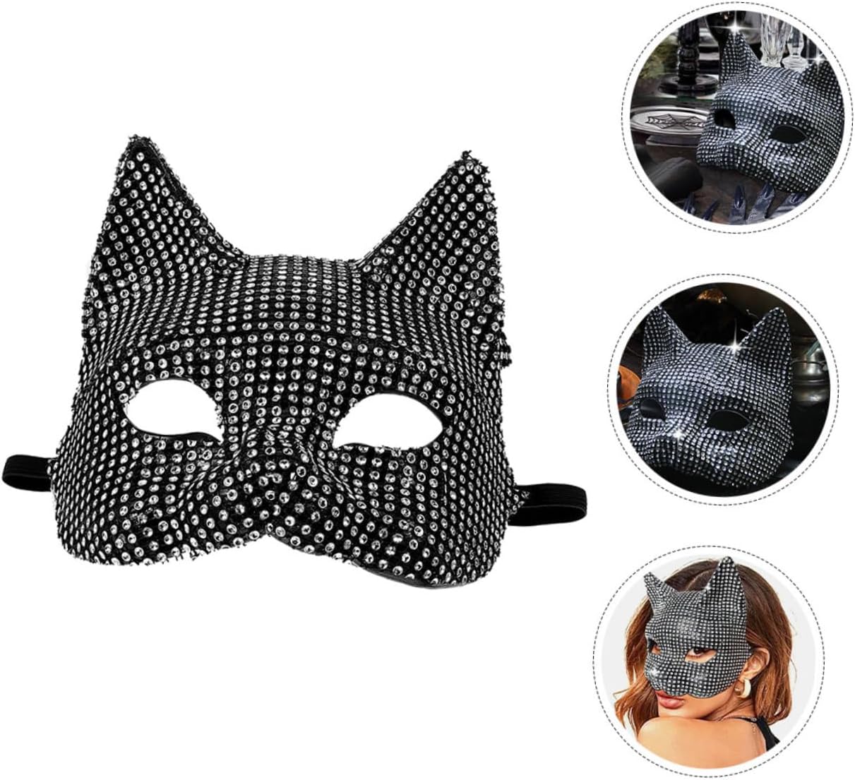 Cabilock Half-face Rhinestone Cat Mask for Halloween Parties Elegant Cosplay Accessory for Masquerade Mysterious Cat Lightweight Comfortable Wear