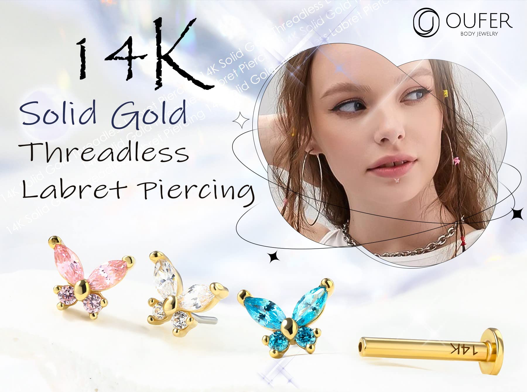 OUFER Body Piercing Piercing para labio de oro macizo de 14 quilates, 16 g, sin rosca, para labio, hélice, tragus, cartílago, oreja, lóbulo de oreja