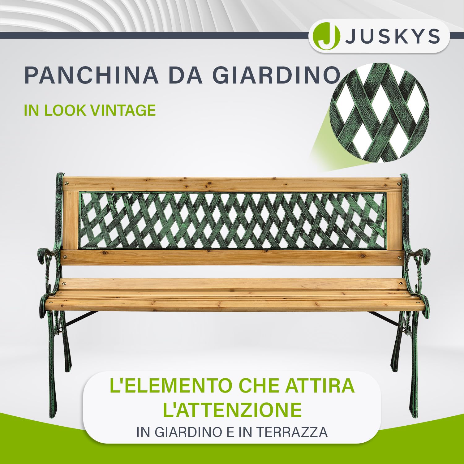 Juskys Panchina da giardino Pisa - Panchina in legno per 2 persone con braccioli e schienale - Resistente alle intemperie 122x54x73 cm - Elementi laterali in ghisa