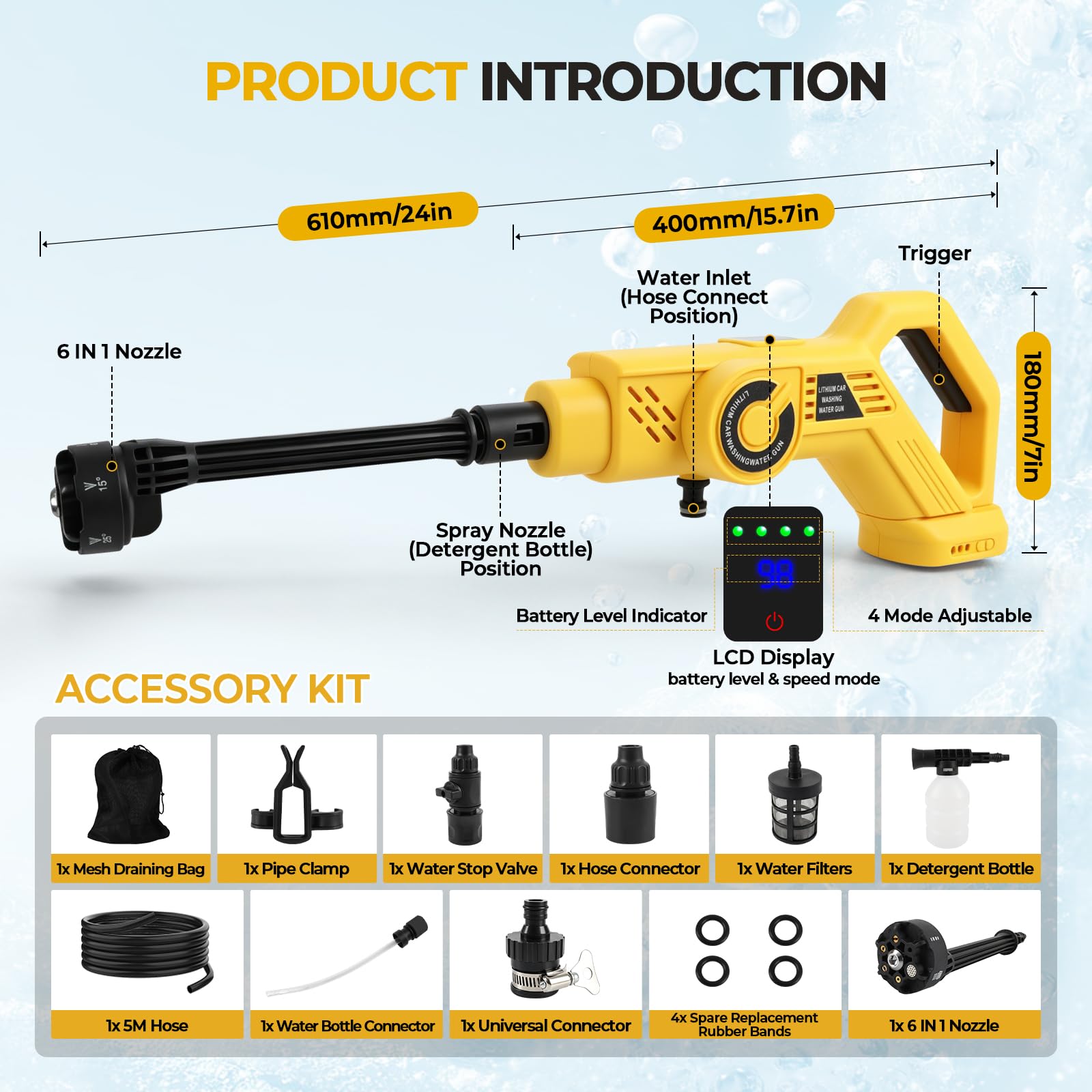 Akumulatorowa myjka wysokociśnieniowa do Dewalt 18/20 V, ulepszona, przenośna myjka wysokociśnieniowa 68 bar z 4 regulowanymi stopniami, dysza natryskowa 6 w 1 do nawadniania podłóg samochodowych