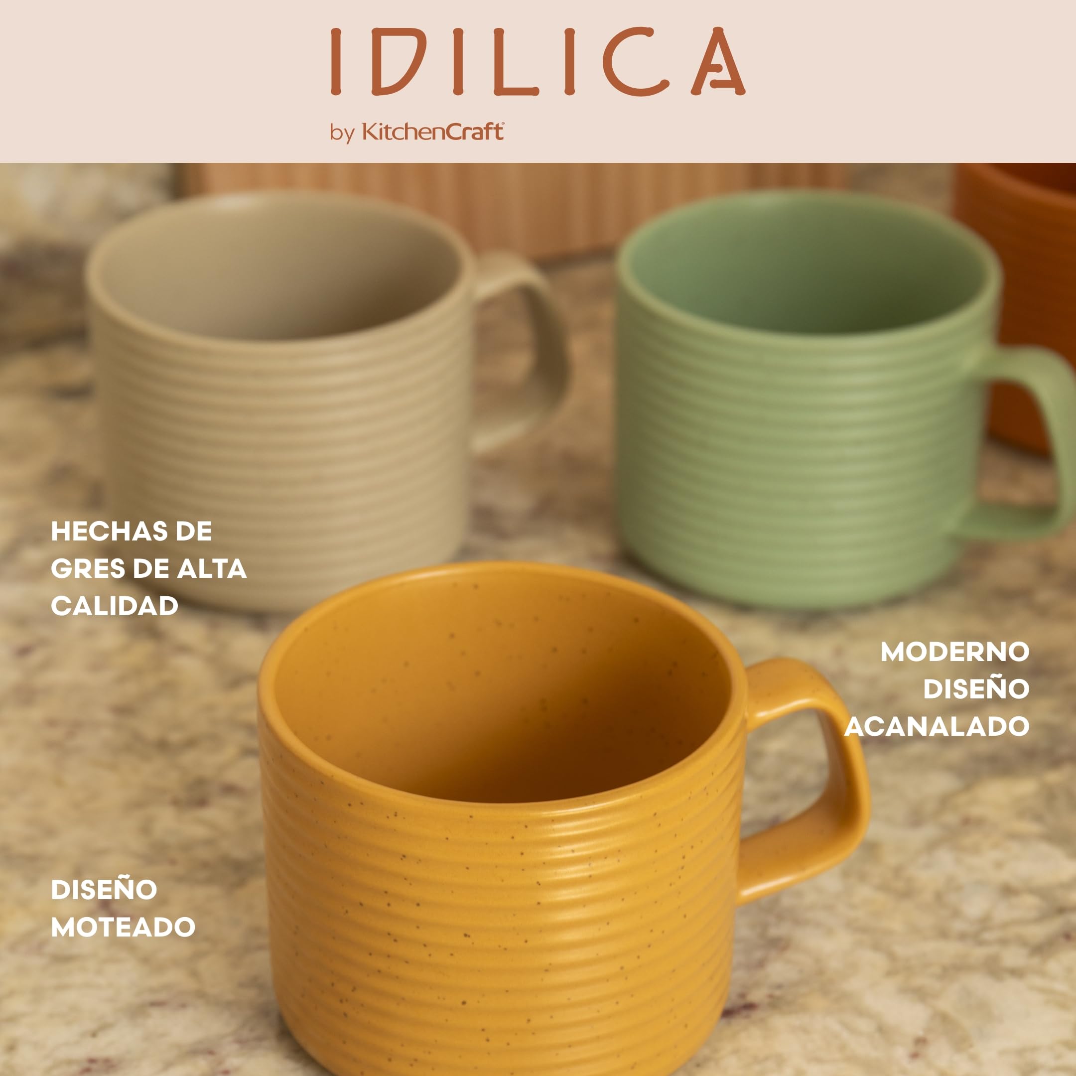 KitchenCraft Idilica Tazas de Gres Apilables, Juego de Cuatro Tazas de Café Apilables, Multicolor, 4ml de Capacidad, Aptas para Lavavajillas y Microondas