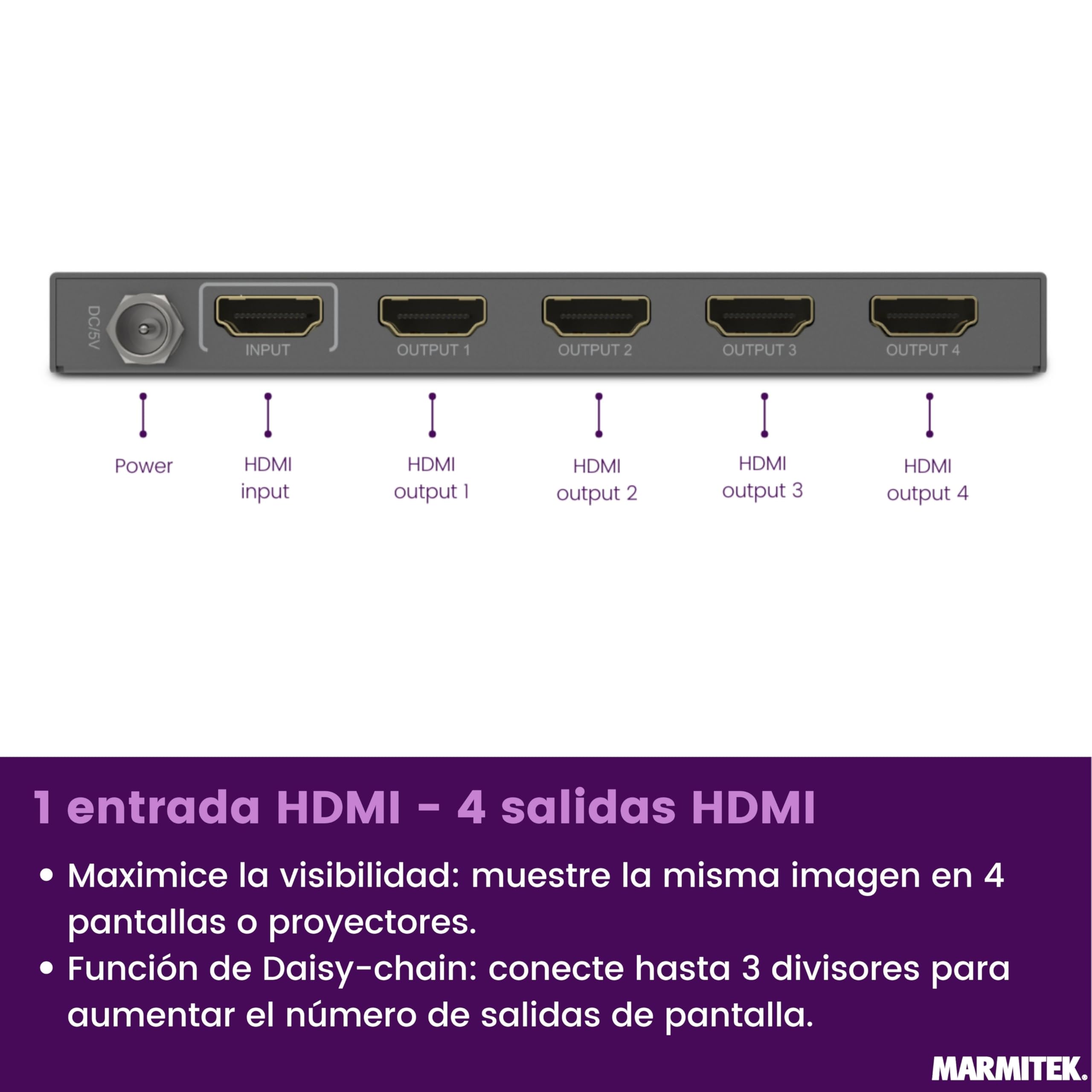 Splitter HDMI 4K 60Hz - Marmitek Split 614 Pro - 1 Entrada 4 Salidas - Compatible HDCP 2.2 - HDR10 - Duplicador HDMI Ultra HD - Repartidor Switch 1x4