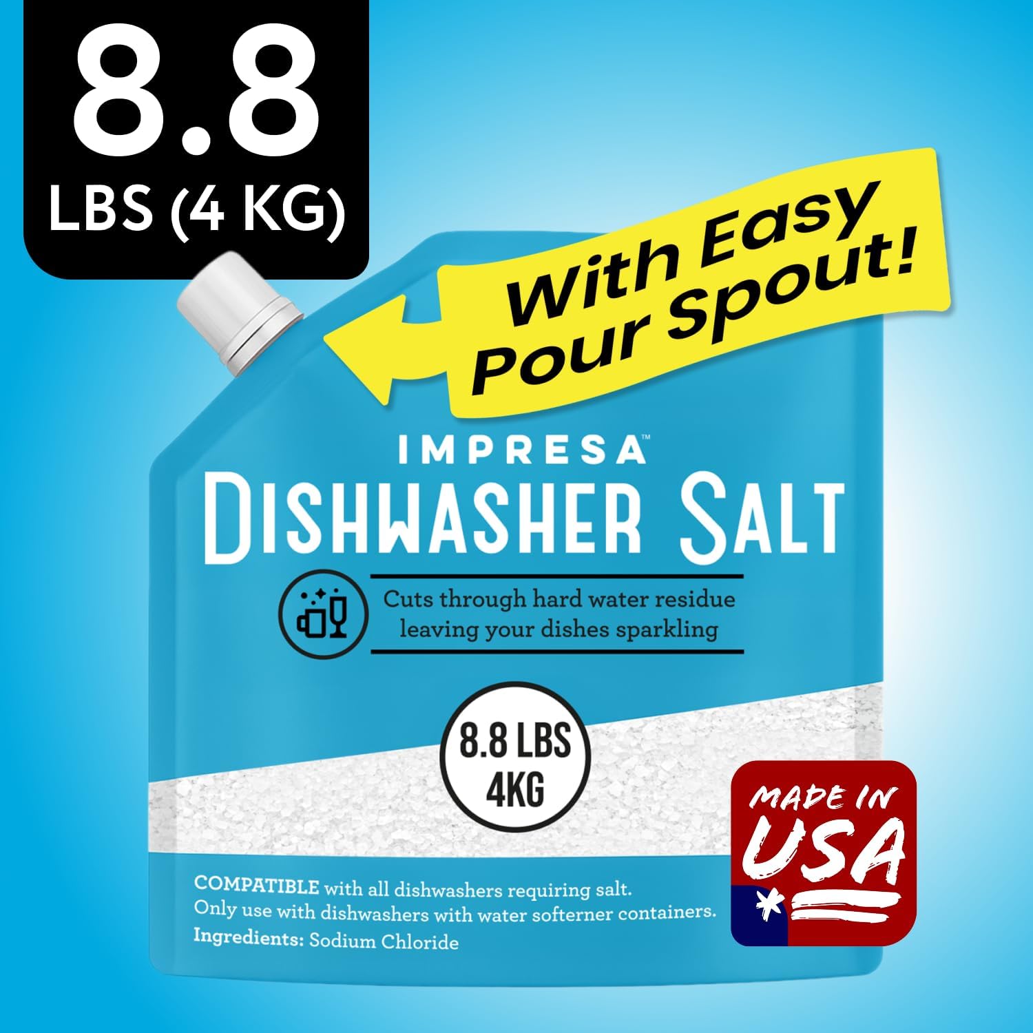 Dishwasher Water Softener Salt 8.8 LB – Pure, Coarse Grain Salt for Bosch, Miele, Whirlpool, Thermador & More – Eliminates Limescale, Spots & Residue – Vegan, Made in USA
