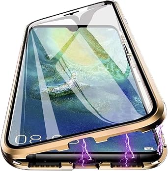 Magnetic Case for Huawei Mate 30 Pro Cover, 360 Full Protection Clear Cover Metal Bumper with Front and Back Clear 9H Tempered Glass Flip Cover for Huawei Mate 30 Pro, Gold