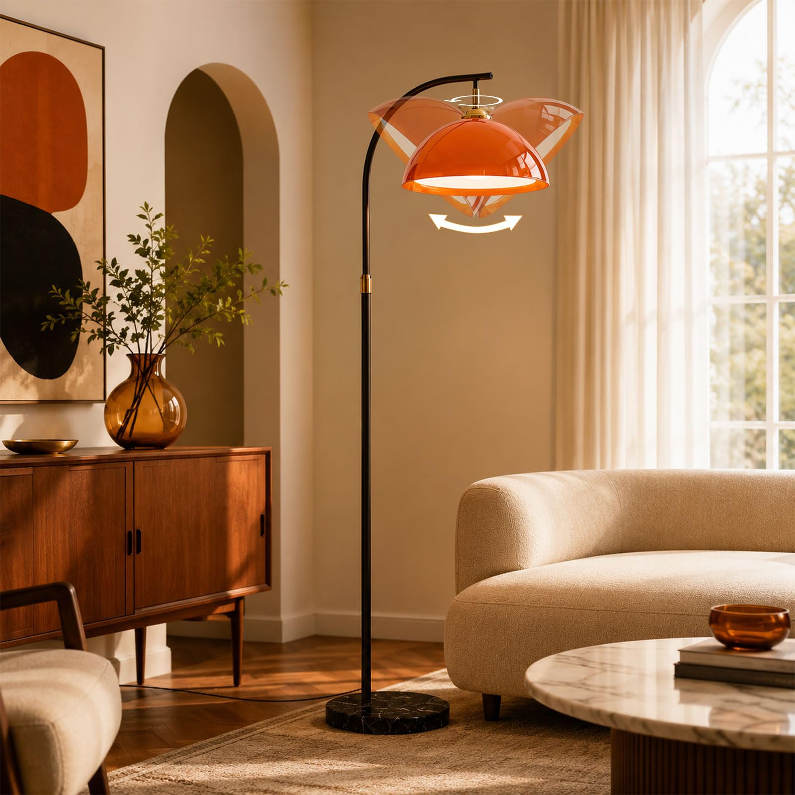 Lámpara De Pie Orange Arc, Base De Mármol, Mid-Century Modern, E27 | Pantalla Acrílica Doble Capa De Seta, Altura Ajustable, 3 Temperaturas, Interruptor De Pie, Poste Negro, Salón/Dormitorio