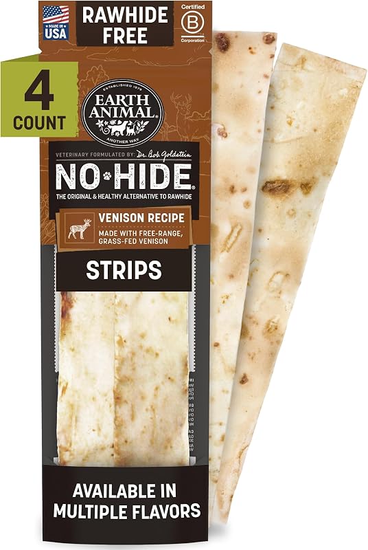 Petisco mastigável para cães No-Hide Strips de veado Earth Animal, sem couro bovino, pacote com 4