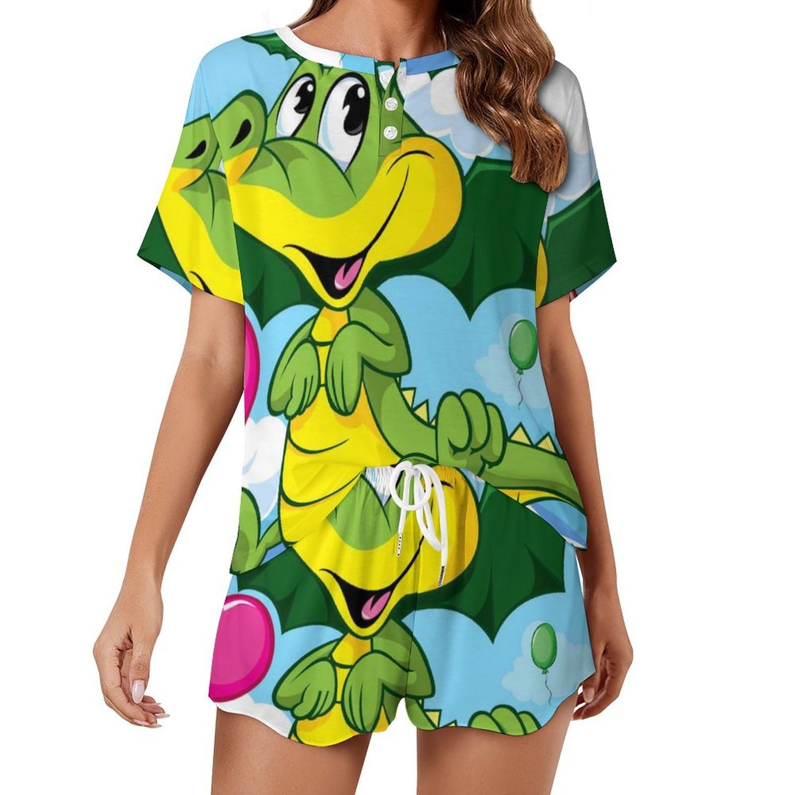 Pyjama short femme dinosaure en maille douce et manches courtes - 8