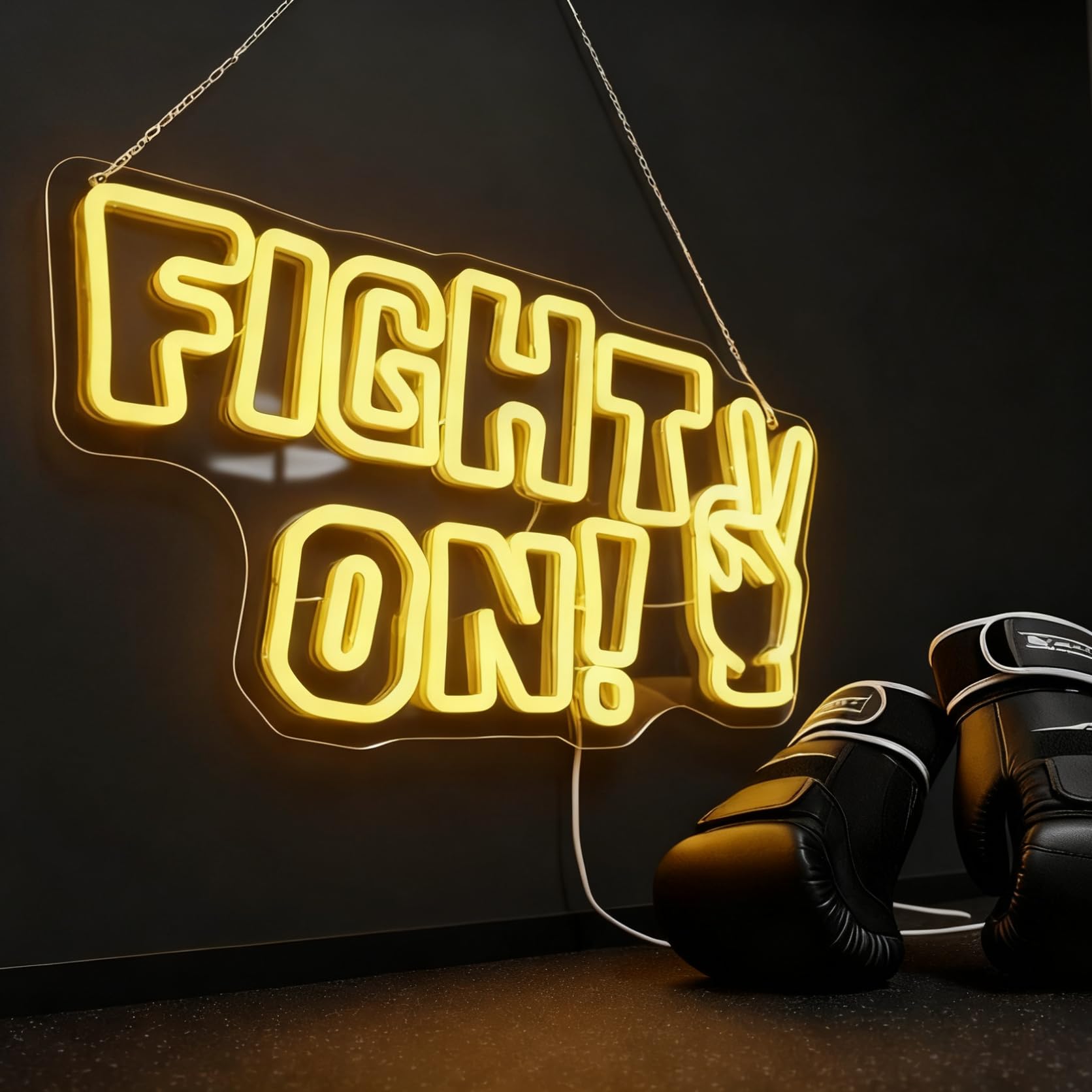 Fight On Neon Sign with Victory Hand, Yellow Motivational LED Wall Light for Game Room, Gym Office Decor, 16.5x9.25 Inches, USB Powered, Inspirational Gifts — image 1