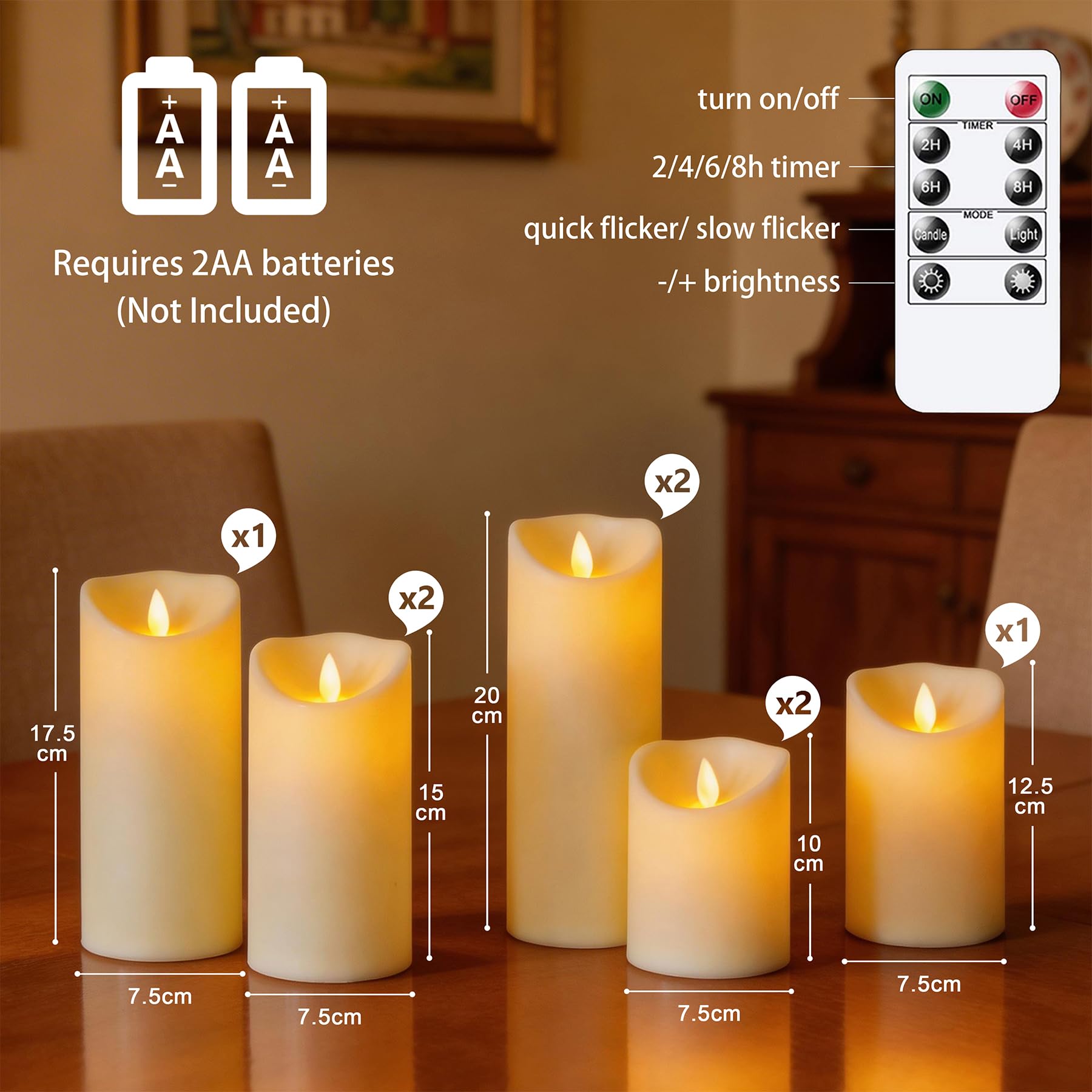 Confezione da 8 candele LED senza fiamma a batteria con stoppino mobile 7,5 cm x10 10 12,5 15 15 17,5 20 20 cm con telecomando, timer tremolante in plastica avorio Candele a luce calda