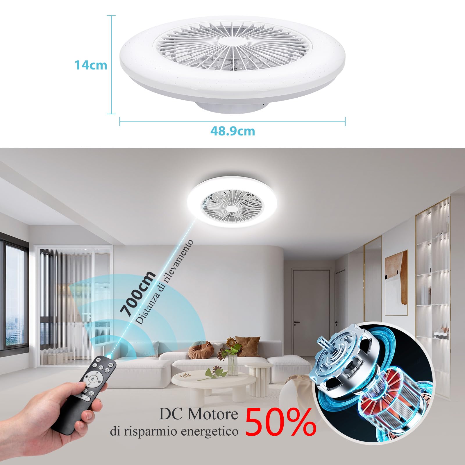 Aigostar Ventilateur de Plafond avec Lumière 40W Silencieux, avec Télécommande, Φ49*14cm, Moteur DC, Réglage luminosité & température couleur, Minuterie, Adapté Cuisine, Chambre, Salon