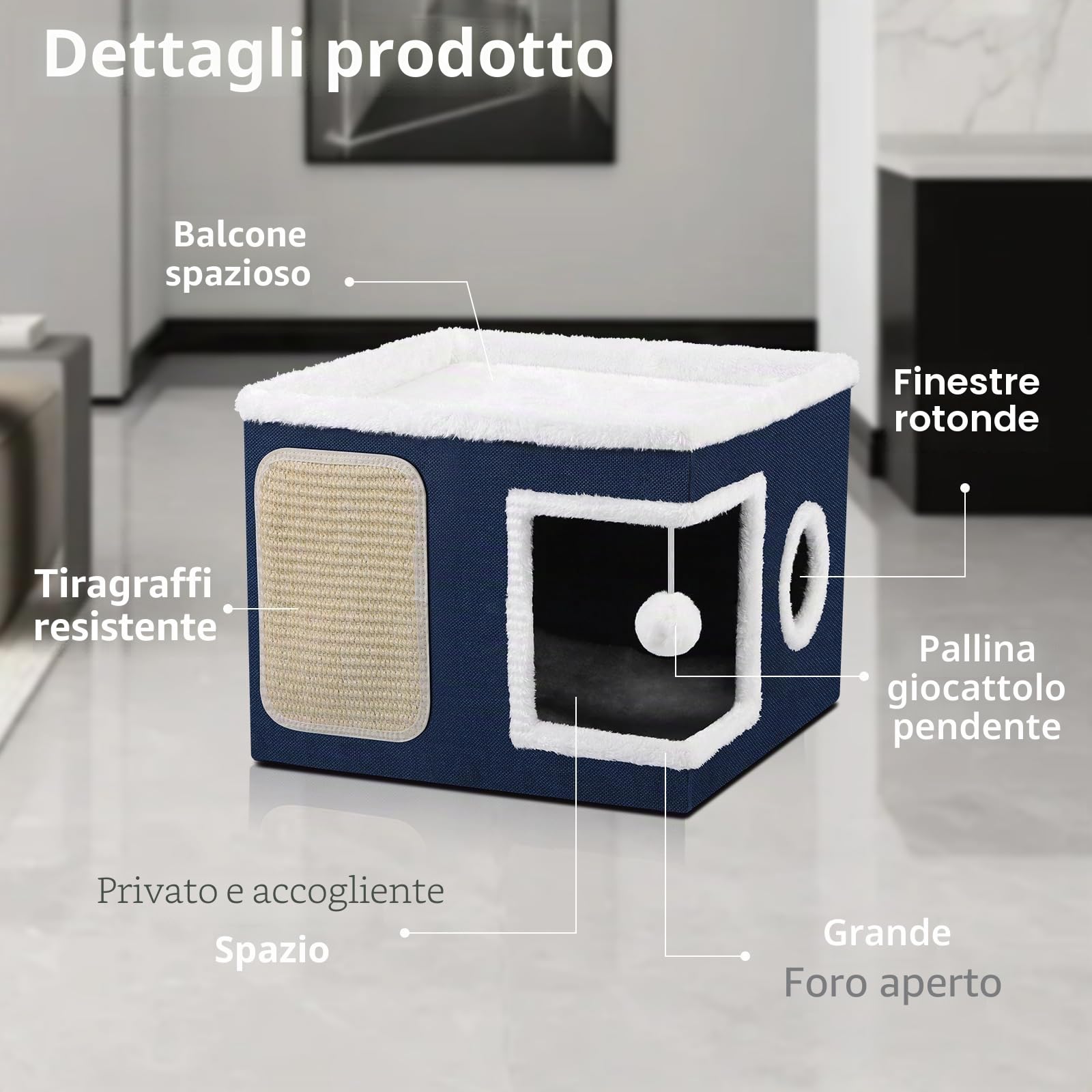 Cuccia per gatti pieghevole per Gatti indoor, 43*43*32 cm, grande cuccia per gatti con accogliente cuccia, palla sospesa, finestra rotonda, cubo per gatto a 2 strati con morbidi cuscini bifacciali,Blu