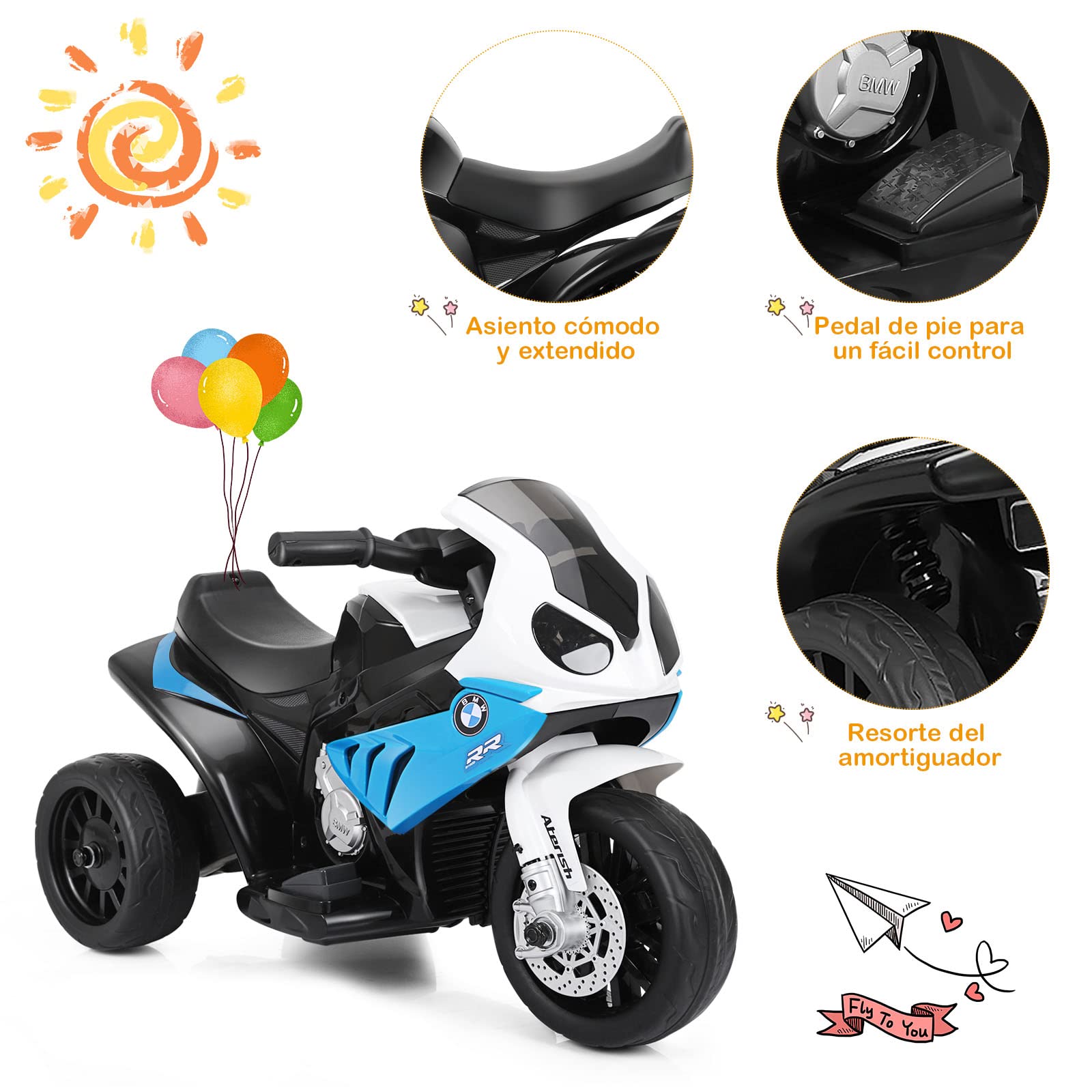 COSTWAY Moto Electrica BMW 6 V, Moto Infantil con Ruedines, Faros, Música y Aspecto Bonito, con 3 Ruedas, Alimentada a Batería (Azul)