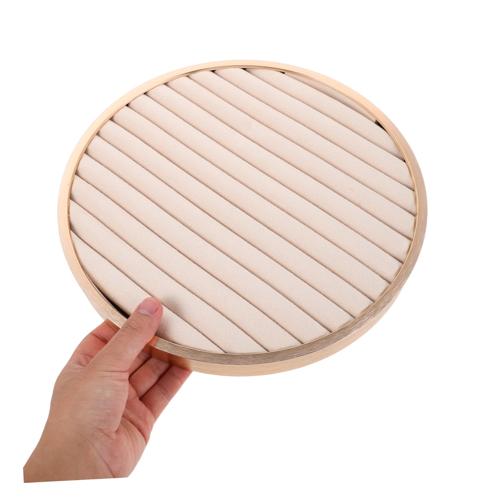 Vassoio Rotondo per Gioielli Beige in Metallo e Velluto 11, 55 Pollici | Layout Multifunzione, Portatile, Adatto a Bracciali e Collane, per Vetrine Negozio e Vanity Desktop