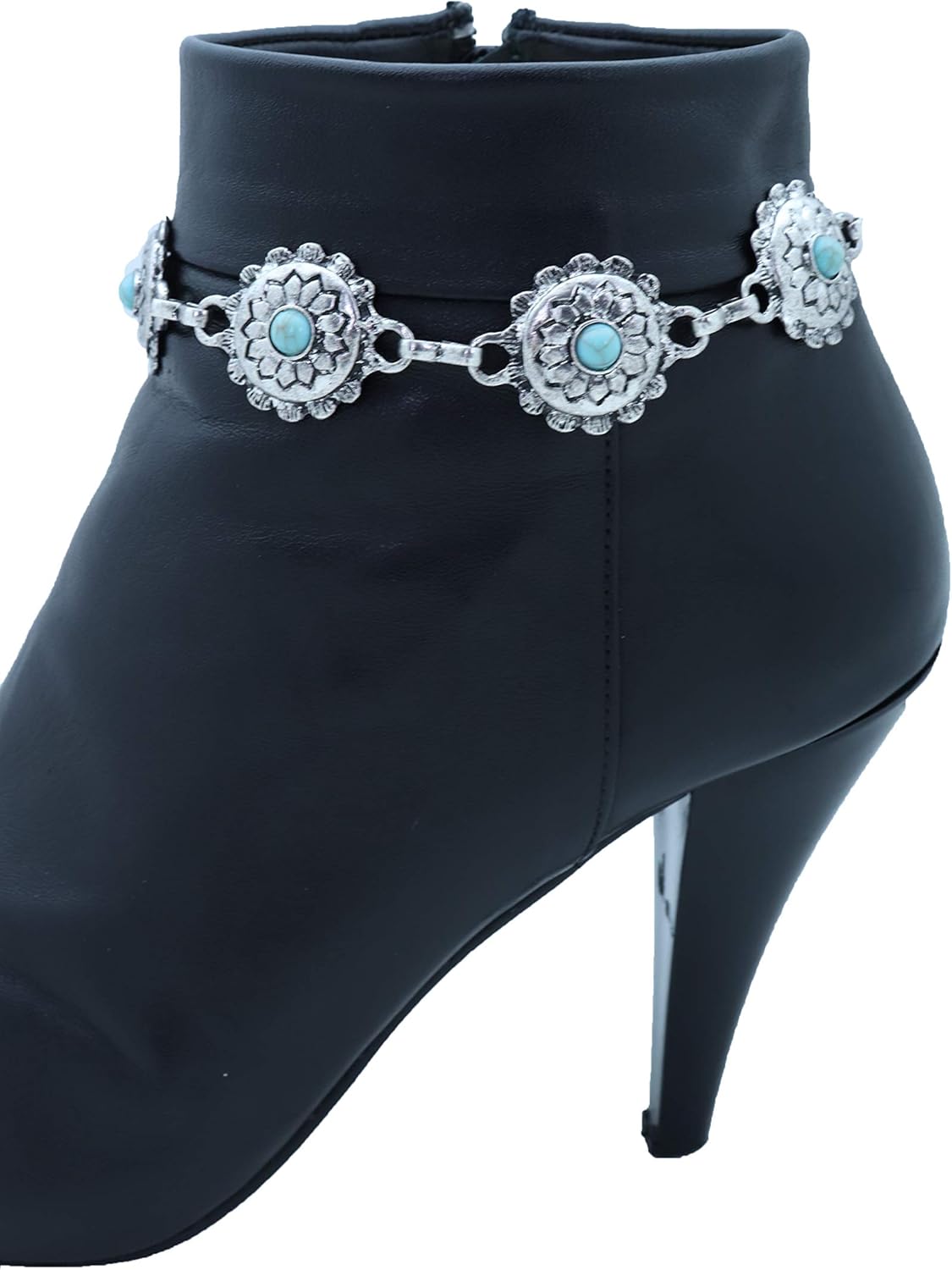 Women Western Fashion Jewelry Antique Metal Boot Chain Anklet Shoe Flower Charm Strap Turquoise Blue Bead
