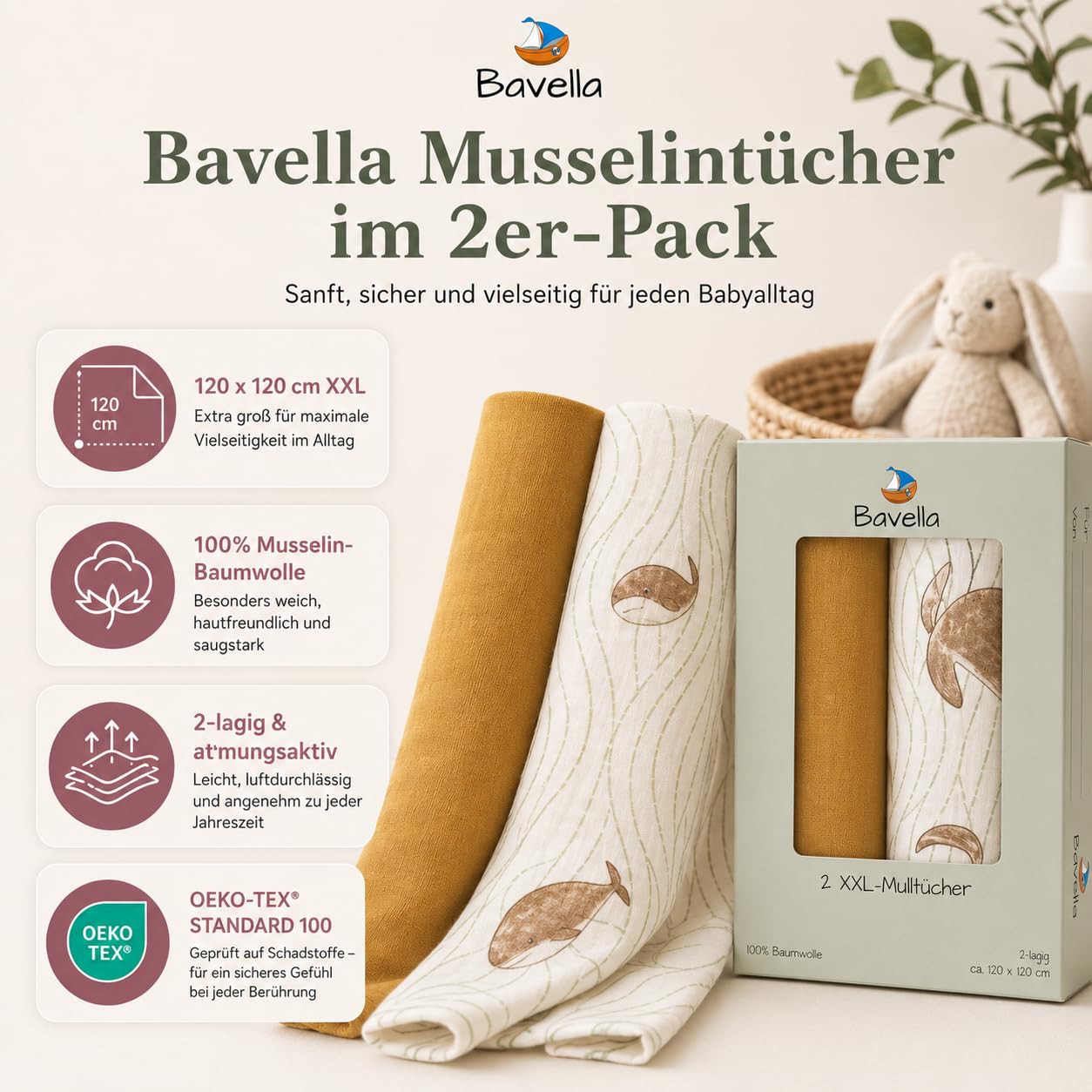 Set di 2 coperte e panno XXL in mussola (certificato Öko-Tex), 100% cotone (120 x 120 cm) – panni per sputare, panno in mussola per ragazzi e ragazze, pannolini di garza sostenibili
