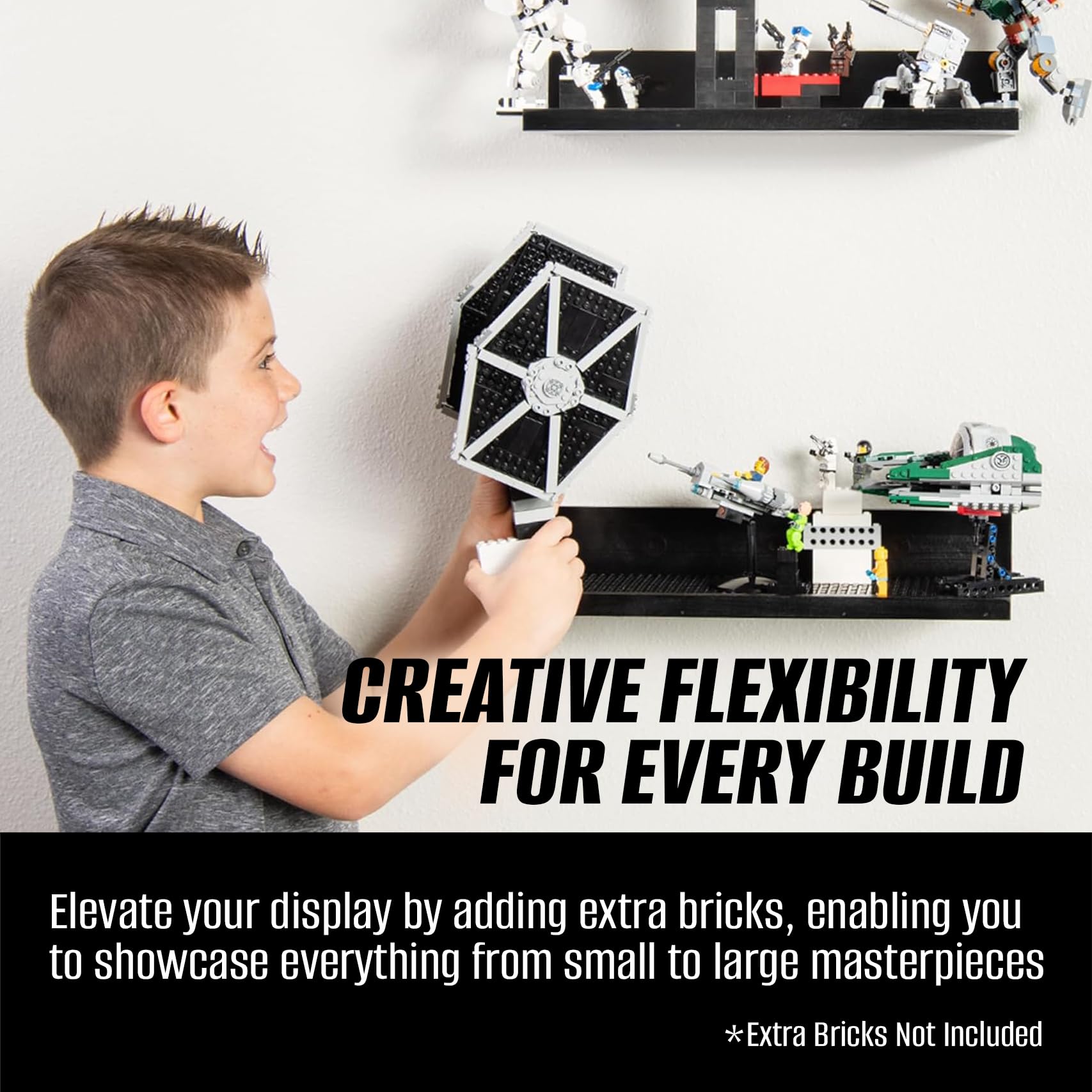 Brickmaster Displays - 16in Shelves Floating Shelves for Building Block Display - Compatible as a Lego Display Shelf - Floating Shelves for Wall - Works with Major Building Blocks - Black 2-Pack