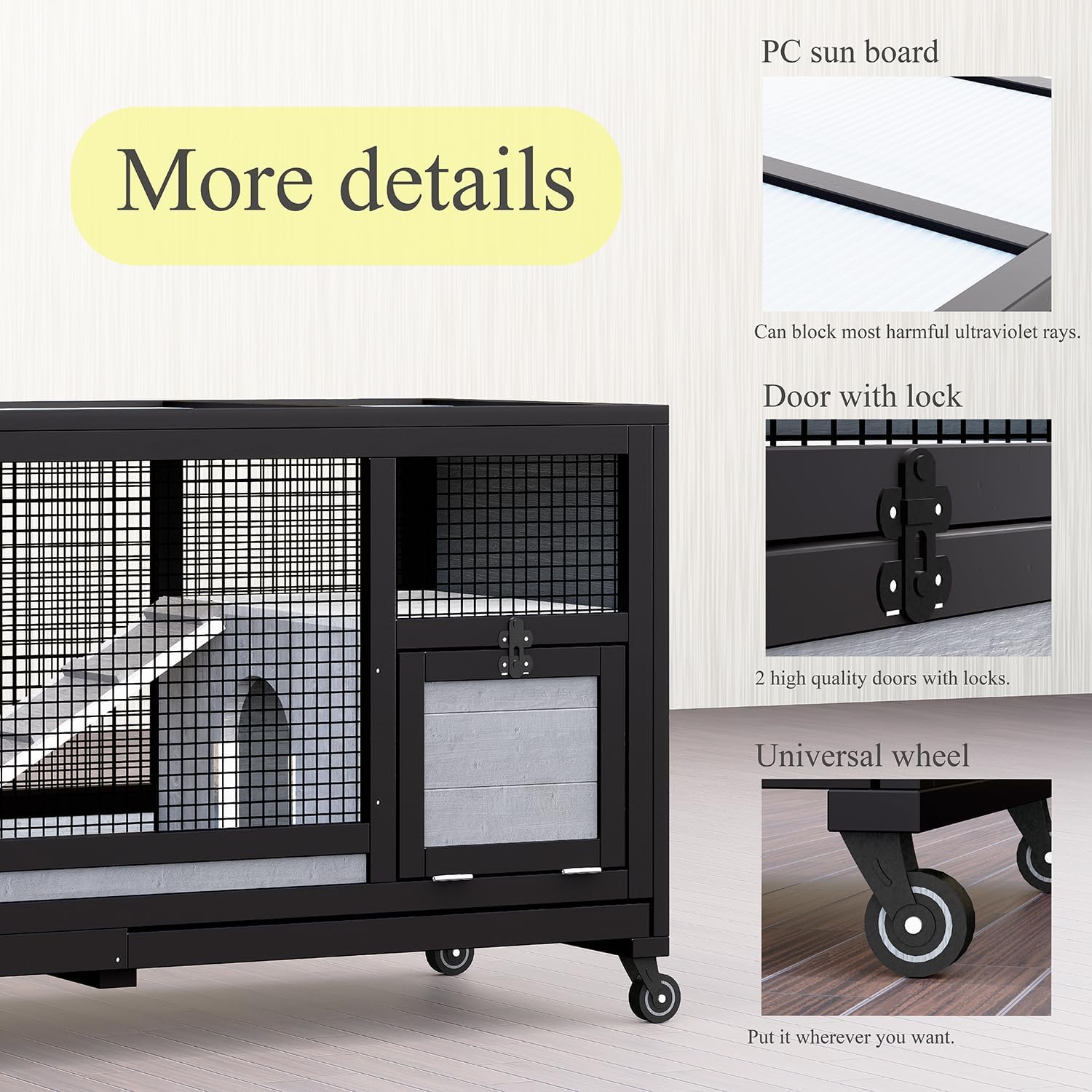 Wooden Rabbit Hutch Indoor Outdoor Bunny Cage on Wheels, Mobile Rabbit House with Deep No-Leak Pull Out Tray, Ramp & Hideout, Large Wooden Small Animal Habitat for Guinea Pigs, Chinchillas (Black)